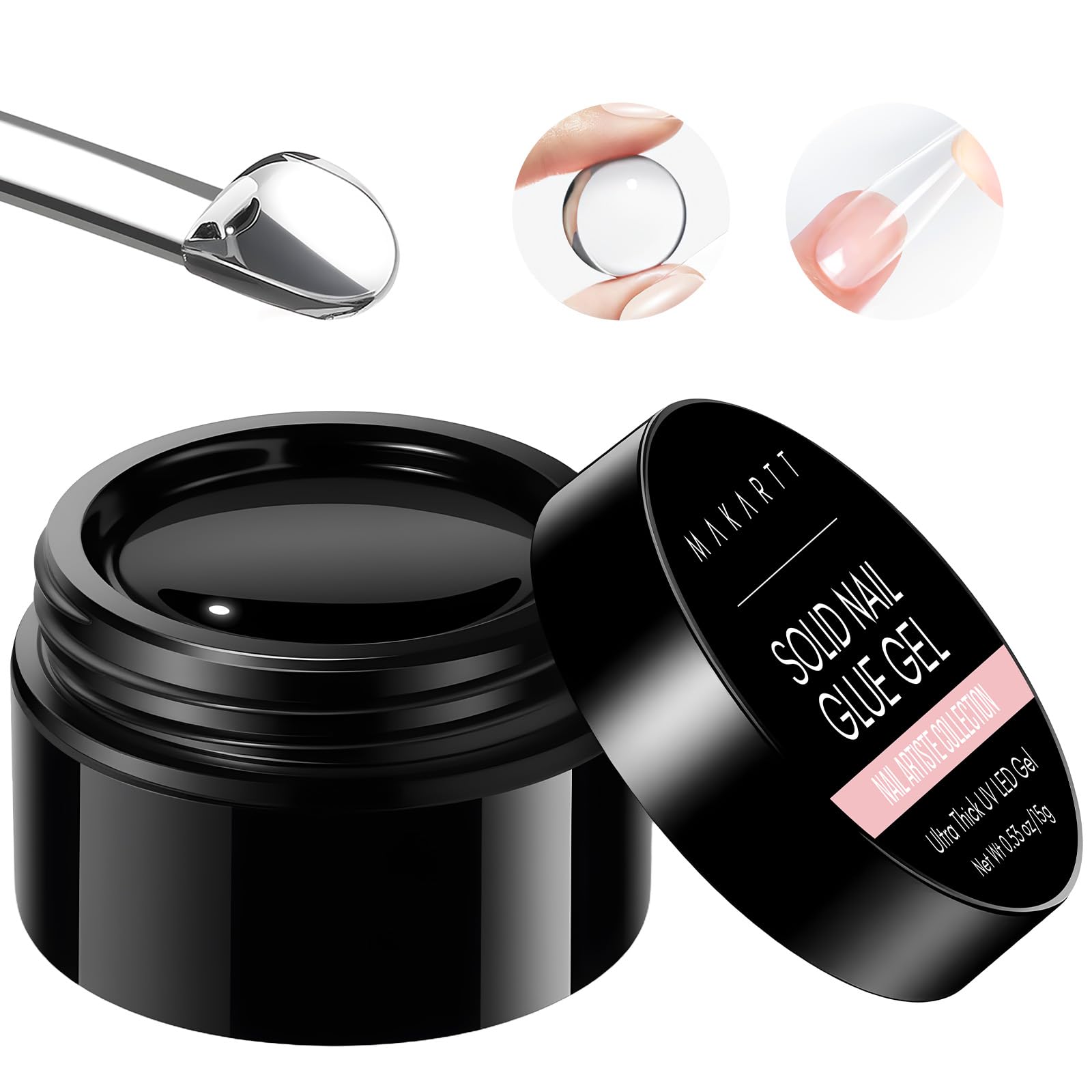 Makartt Gel sólido para uñas de 15 ml ofrece adherencia confiable para fijar uñas postizas.