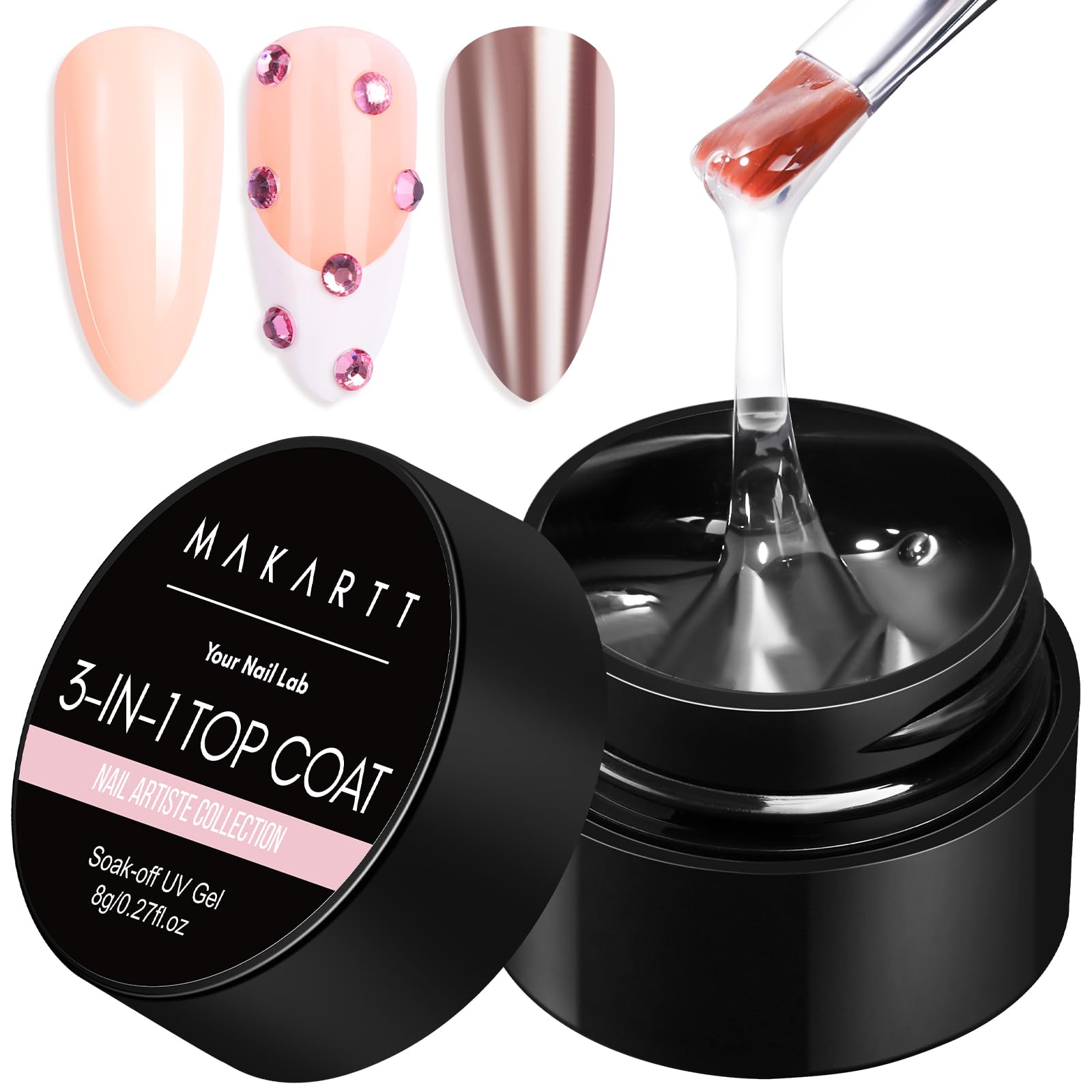 Makartt Hard Gel Top Coat bottle close-up for flawless glossy finish