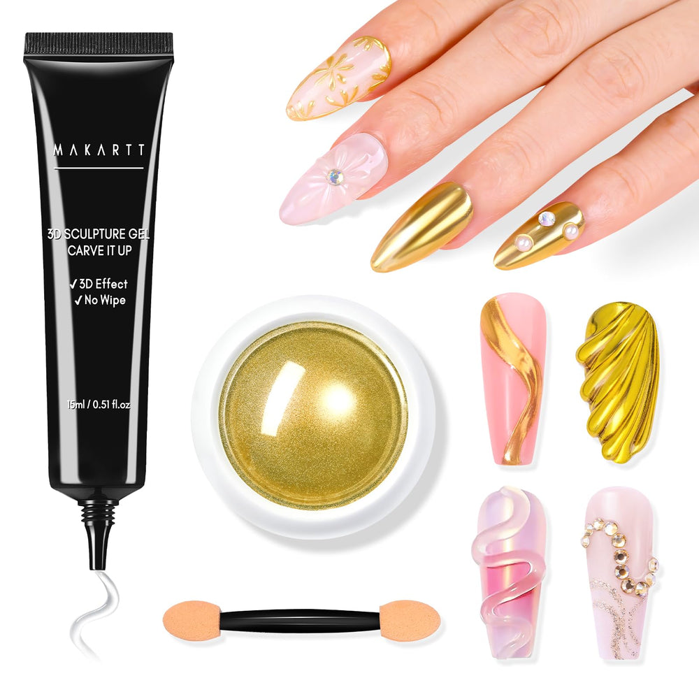 Makartt kit gel 3D para uñas con polvo dorado espejo, efecto relieve llamativo