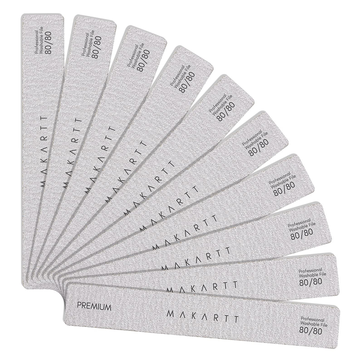 Makartt lima emery 80/80 de doble cara para uñas acrílicas, remoción eficiente.