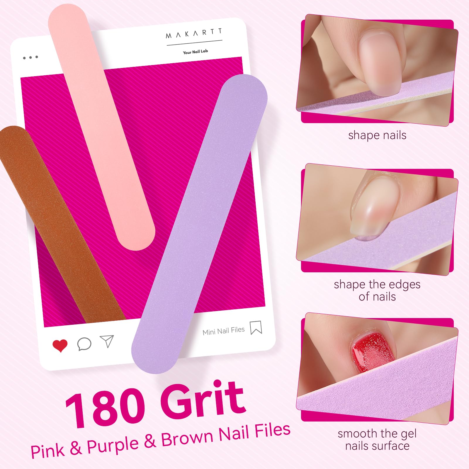 Makartt mini lima 180 grit emery rosa para uñas naturales suaves