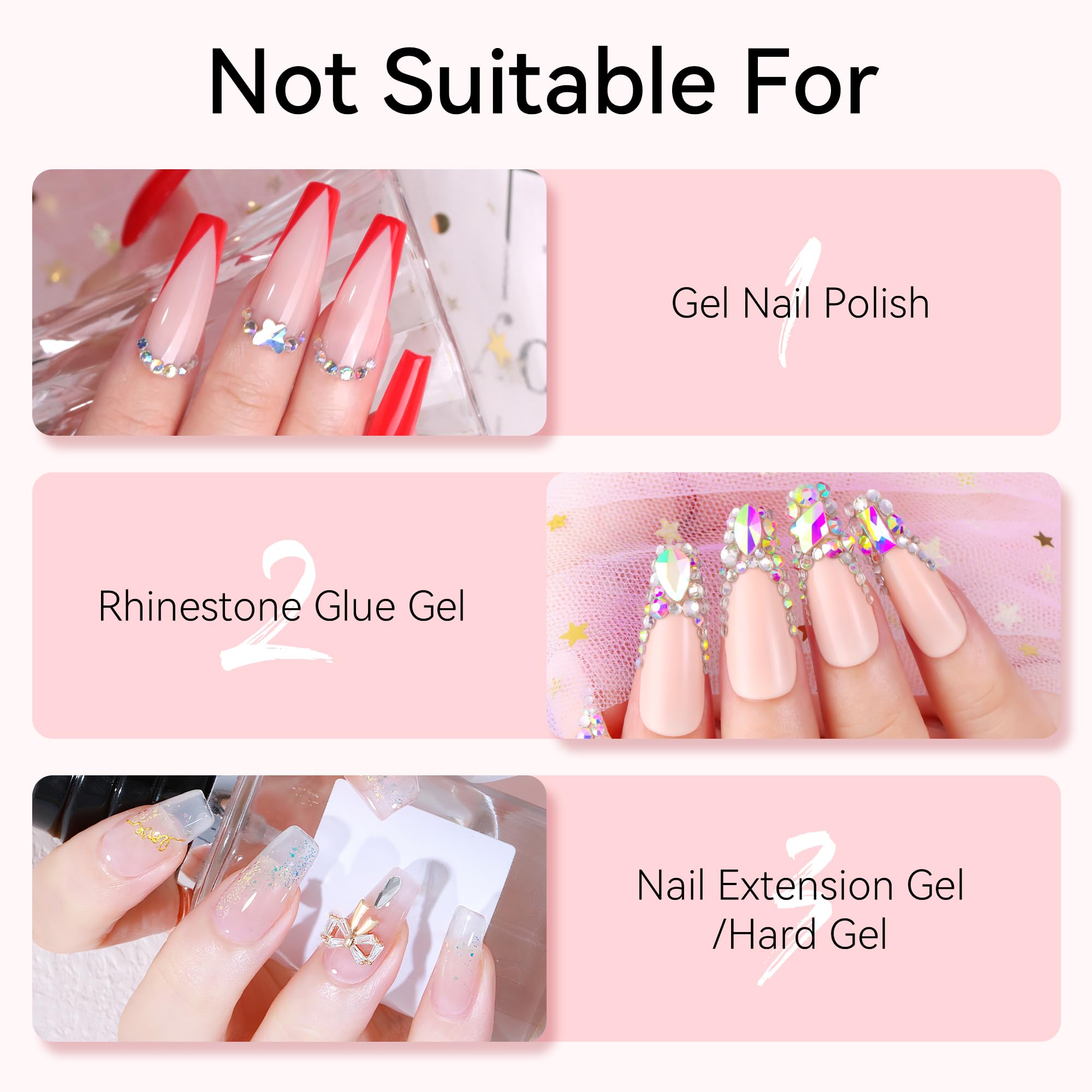 Before and after nails showing different adhesive types