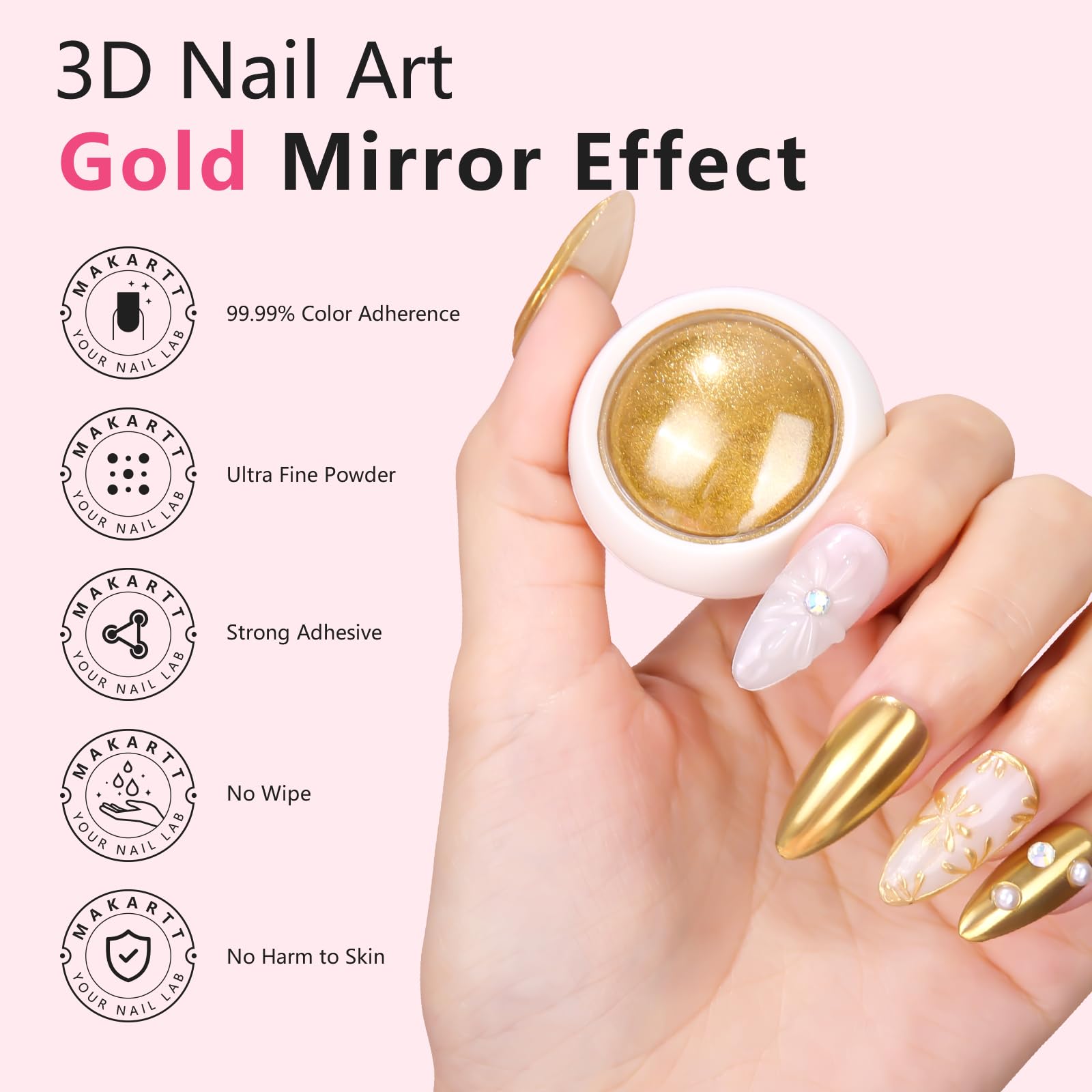 Makartt polvo espejo dorado para uñas, acabado metálico duradero
