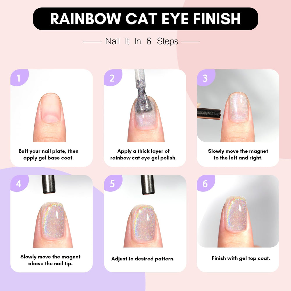Makartt Rainbow Cat Eye Gel Nail Polish final look on fingers shows smooth surface