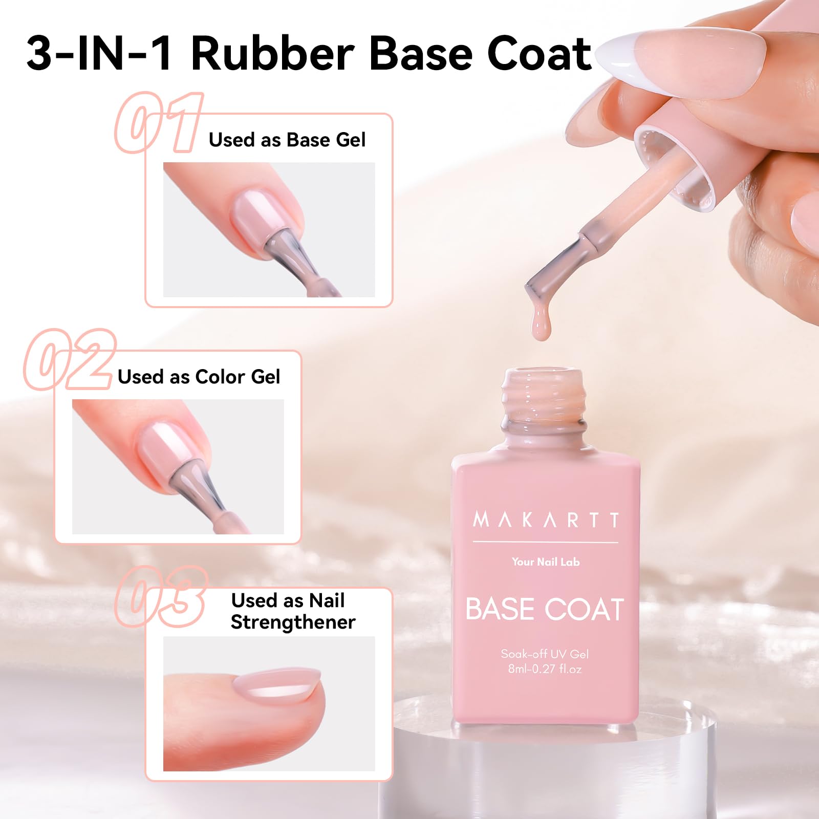 Makartt Rubber Base Gel aplicación suave para una base lisa.