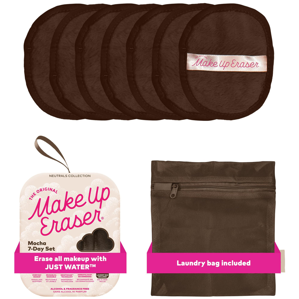MakeUp Eraser set Mocha de 7 días limpia el rostro con agua, sin alcohol.