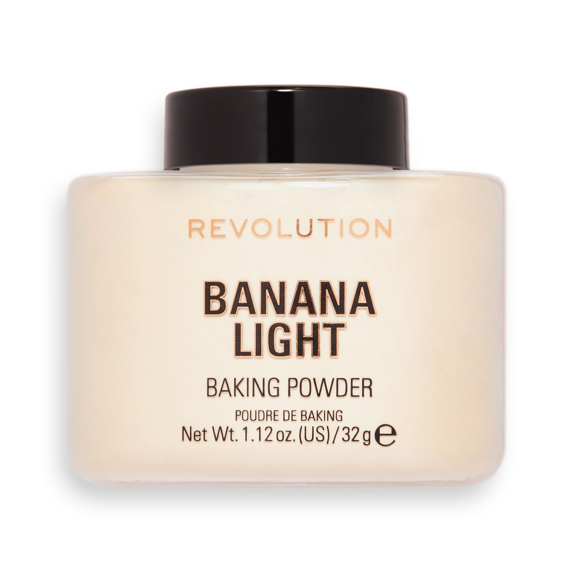 Polvo suelto Makeup Revolution Banana Light, empaque compacto para retoques ligeros.