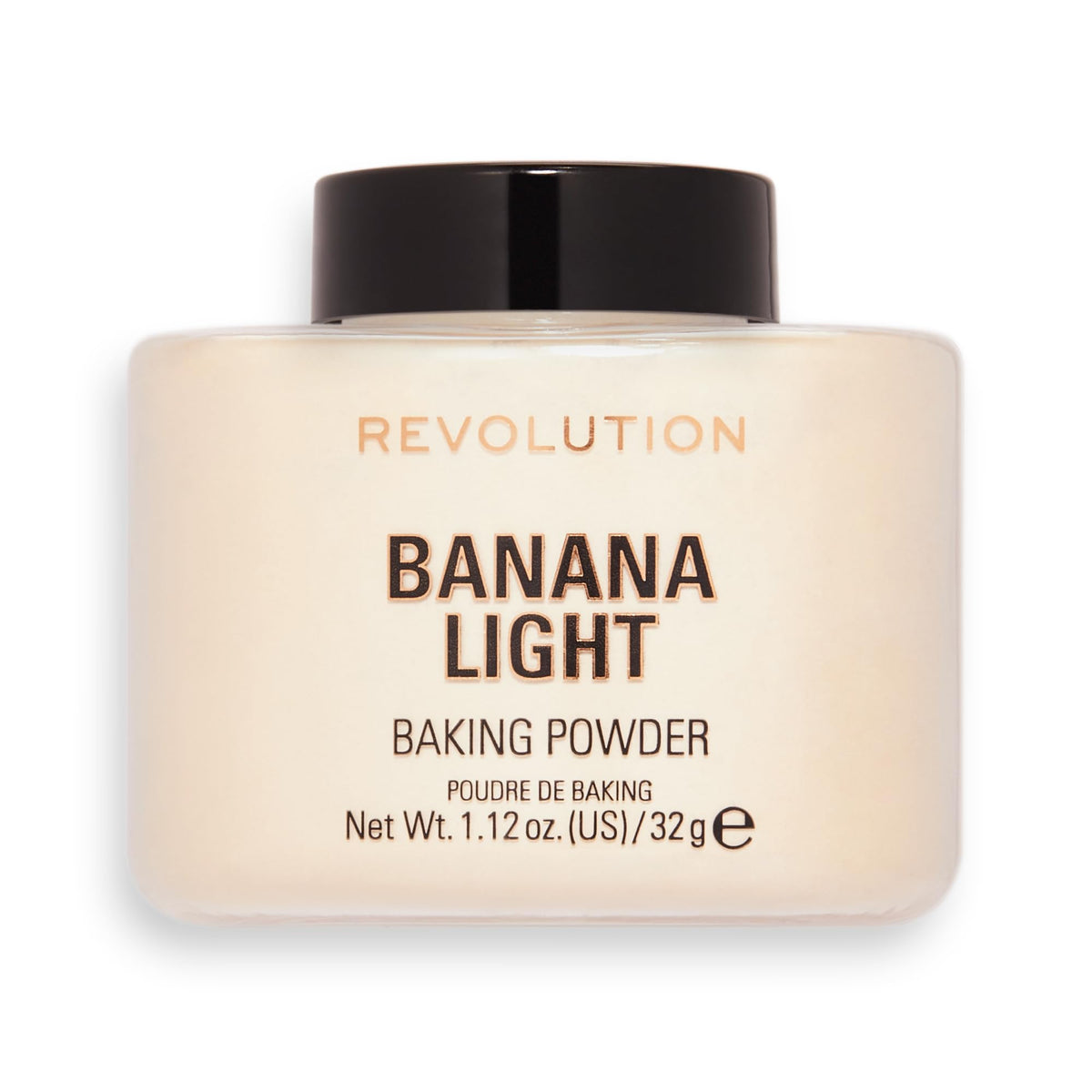 Polvo suelto Makeup Revolution Banana Light, empaque compacto para retoques ligeros.