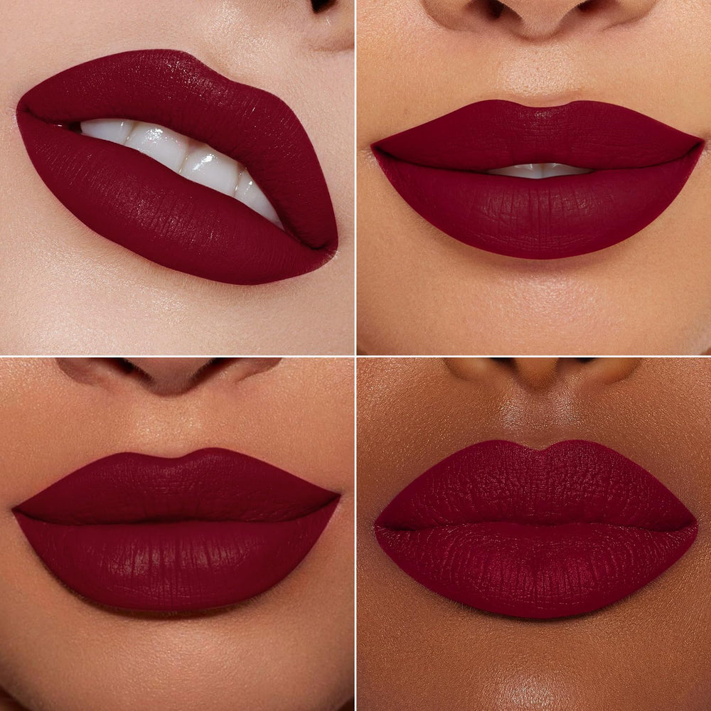 MAKI YIKA Burgundy Lipstick tube swatch on skin reveals vivid color payoff.