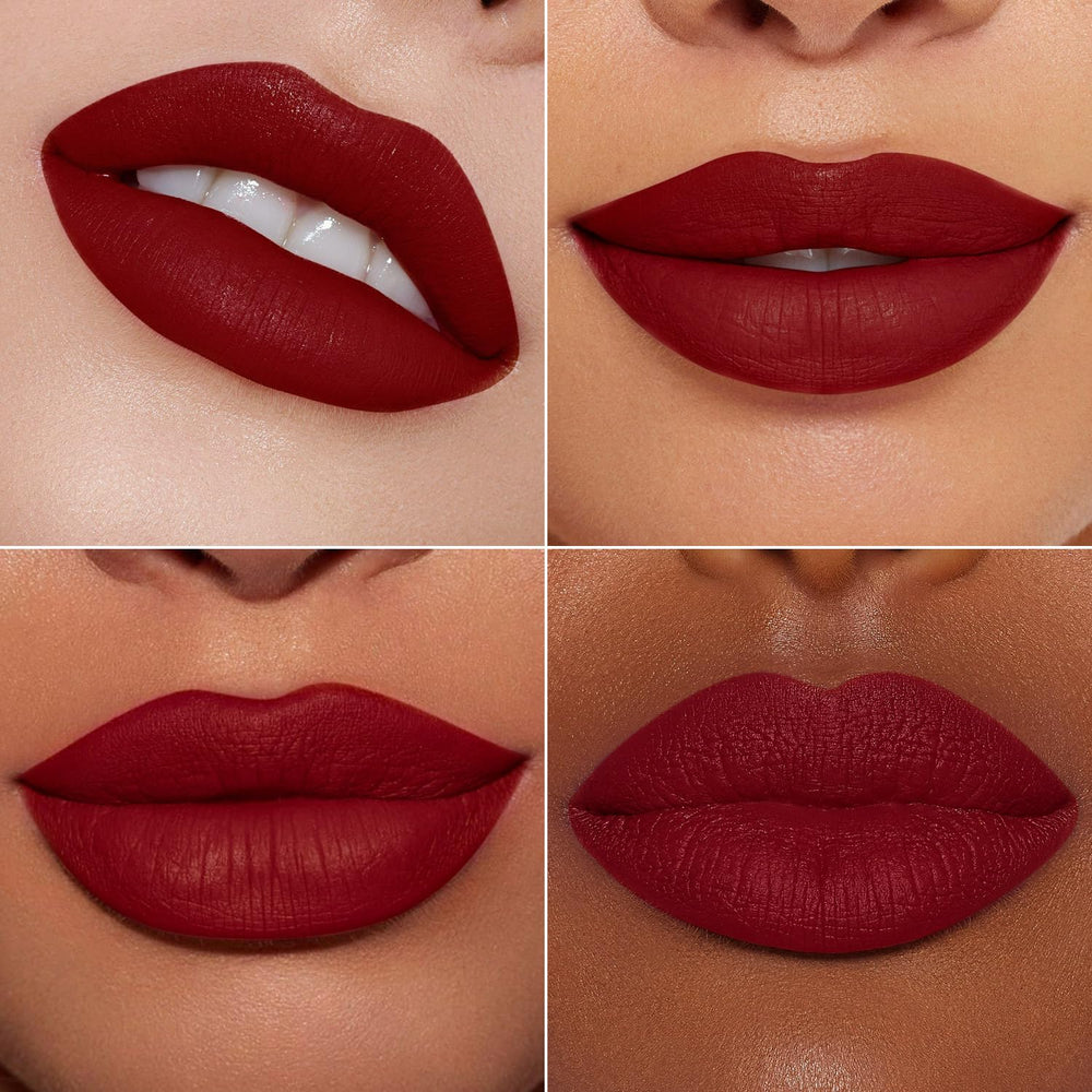 MAKI YIKA dark red lipstick swatch on arm showing rich payoff