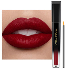 MAKI YIKA dark red lipstick tube close-up with sleek packaging and bold color