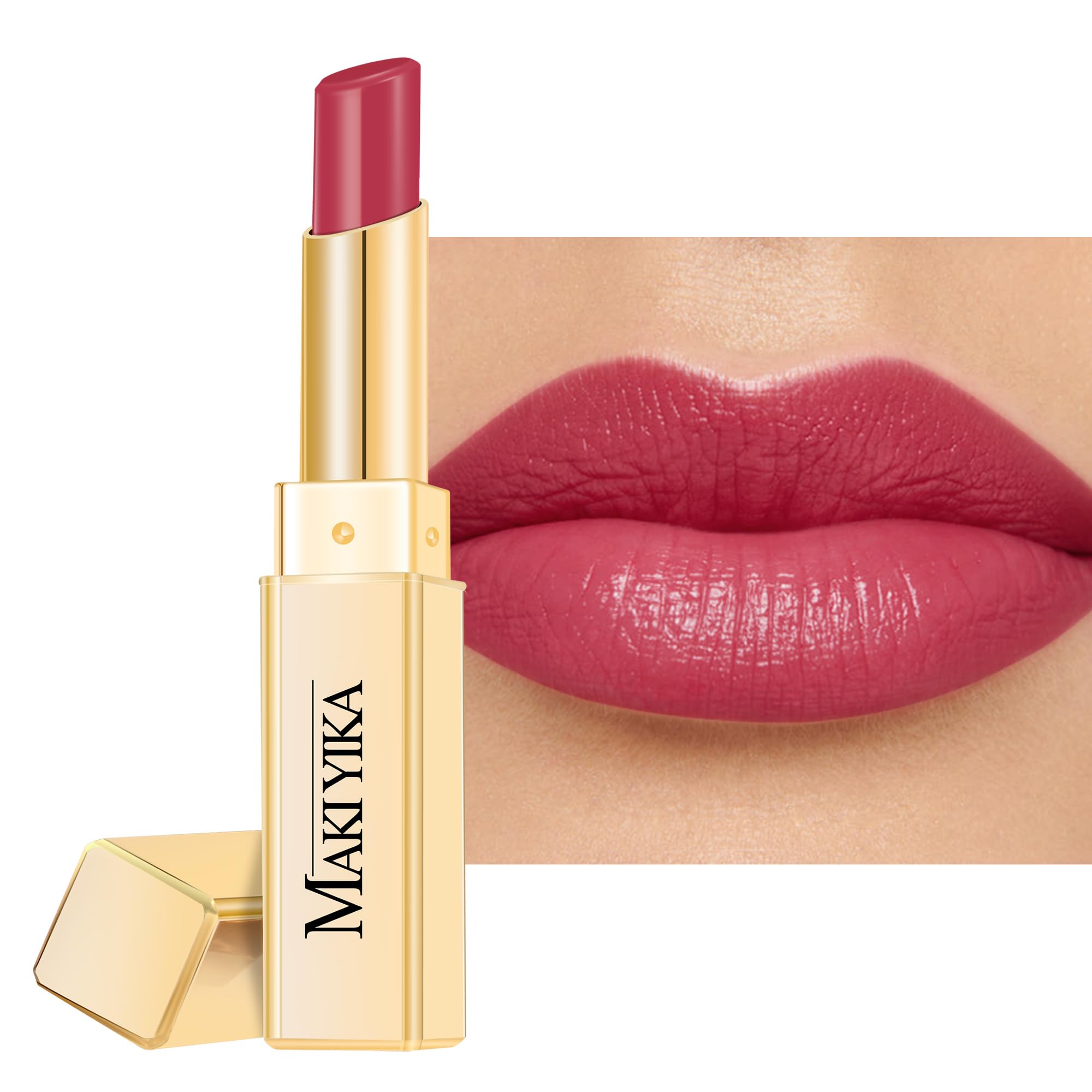 Labial MAKI YIKA frambuesa rojo hidratante para labios secos, con brillo.