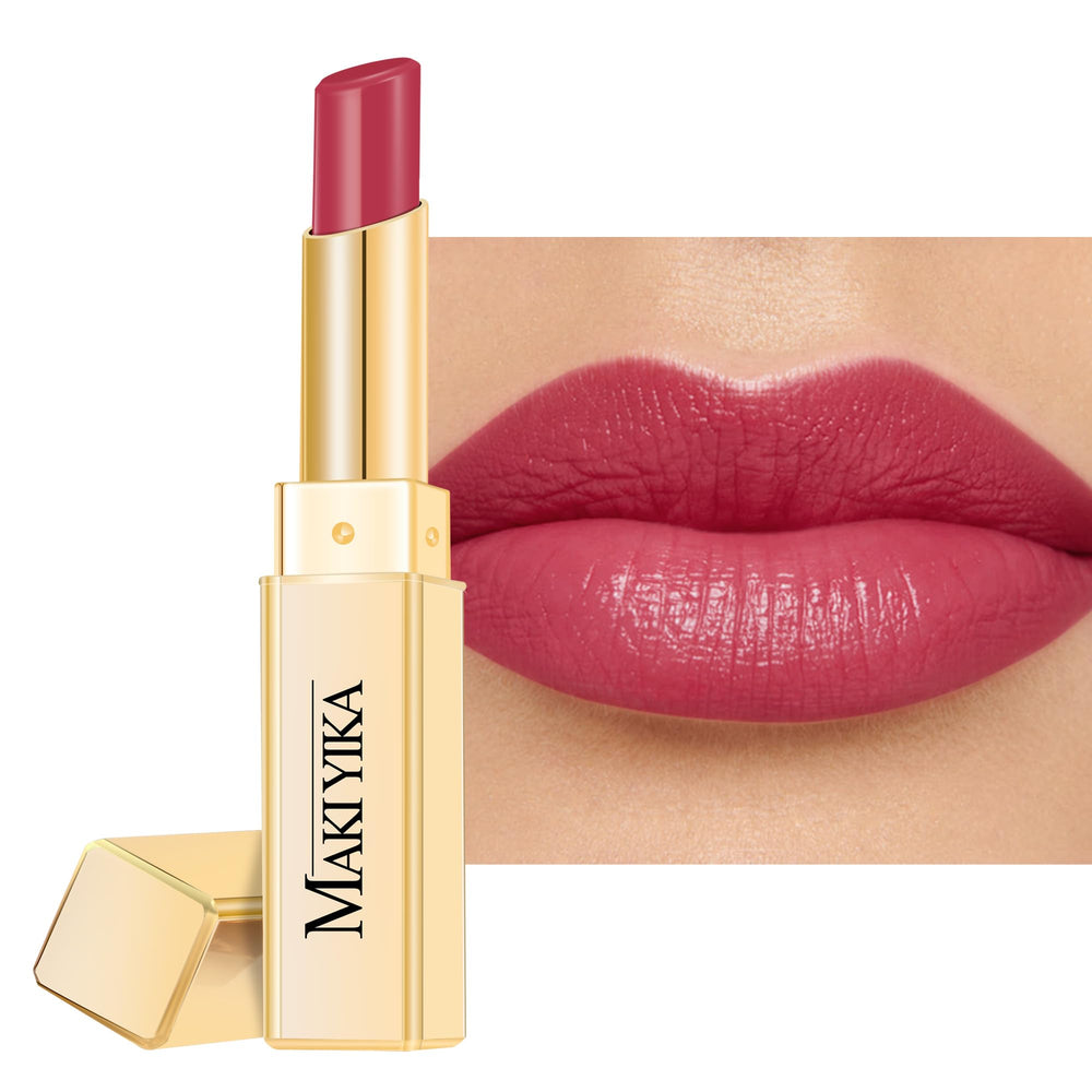 Labial MAKI YIKA frambuesa rojo hidratante para labios secos, con brillo.