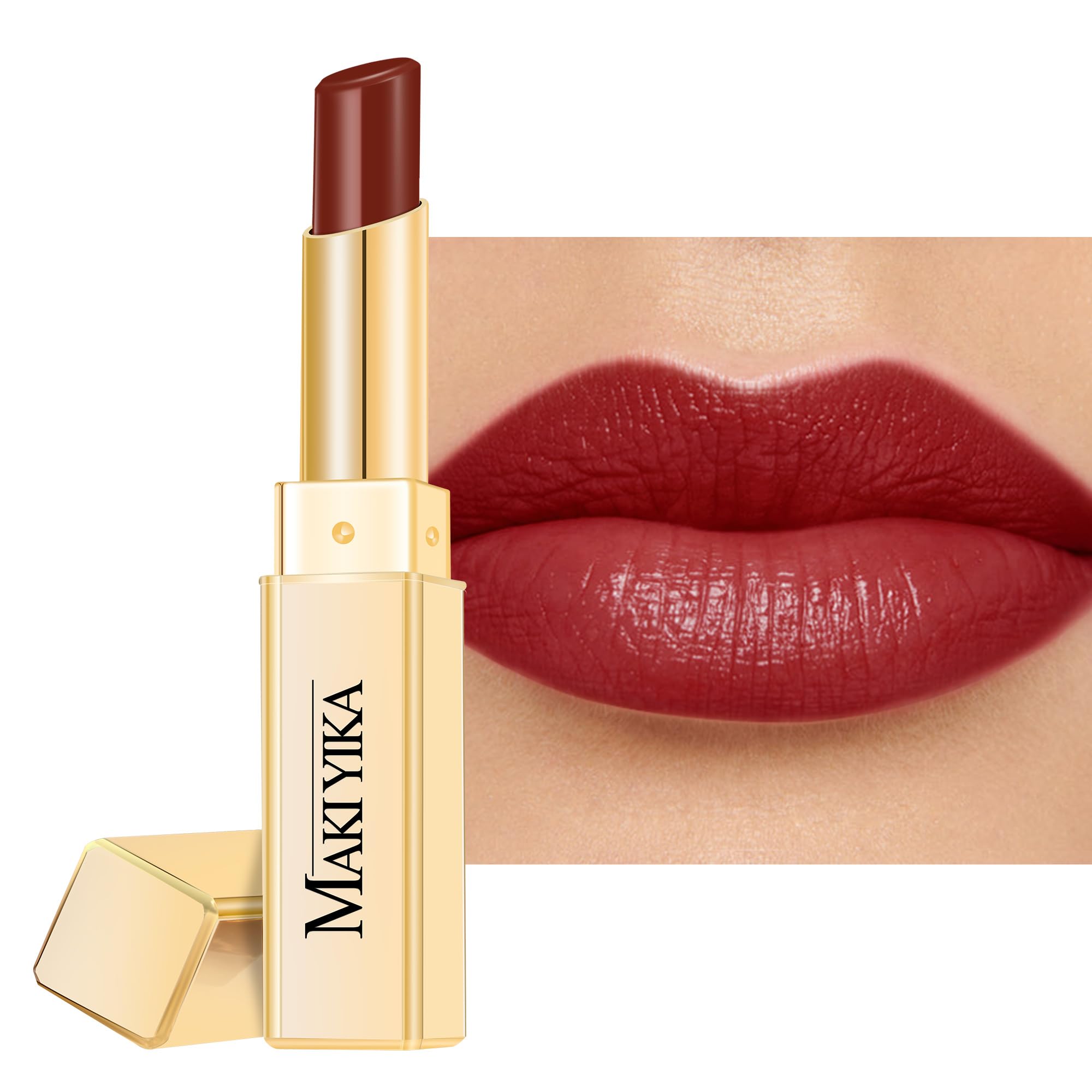 MAKI YIKA: tubo de barra labial rojo oscuro con hidratación duradera.