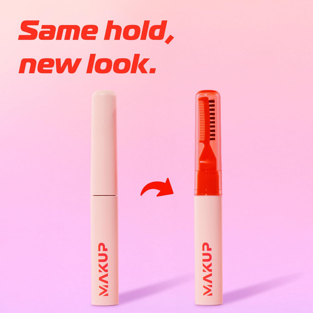 Makup Beauty Brow Me wax gel hybrid swatch demonstrates flexible hold for groomed brows.
