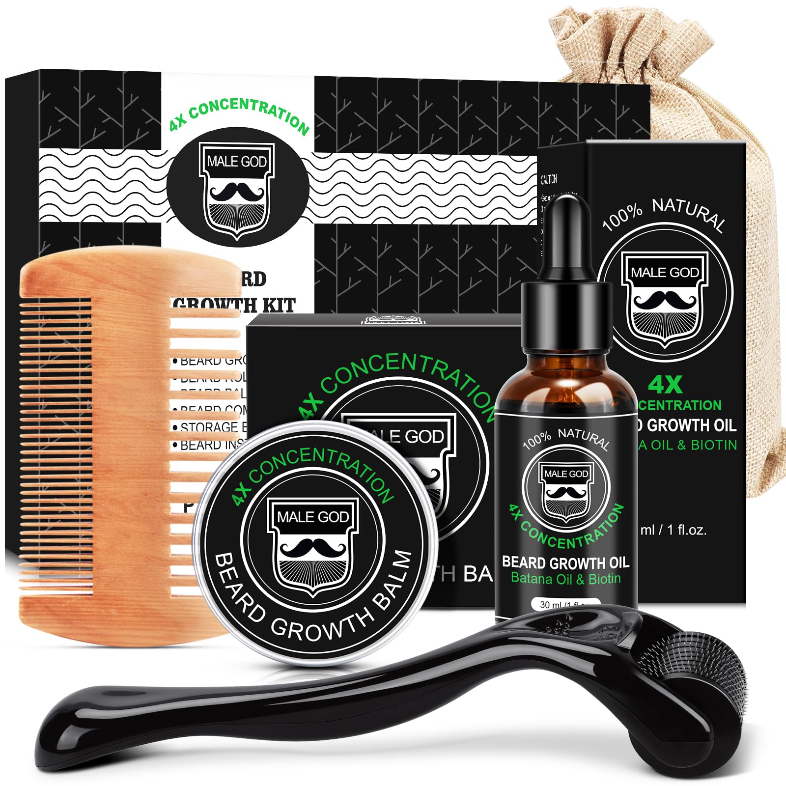 MALE GOD aceite de crecimiento para barba, botella enfocada en hidratación y densidad potencial.