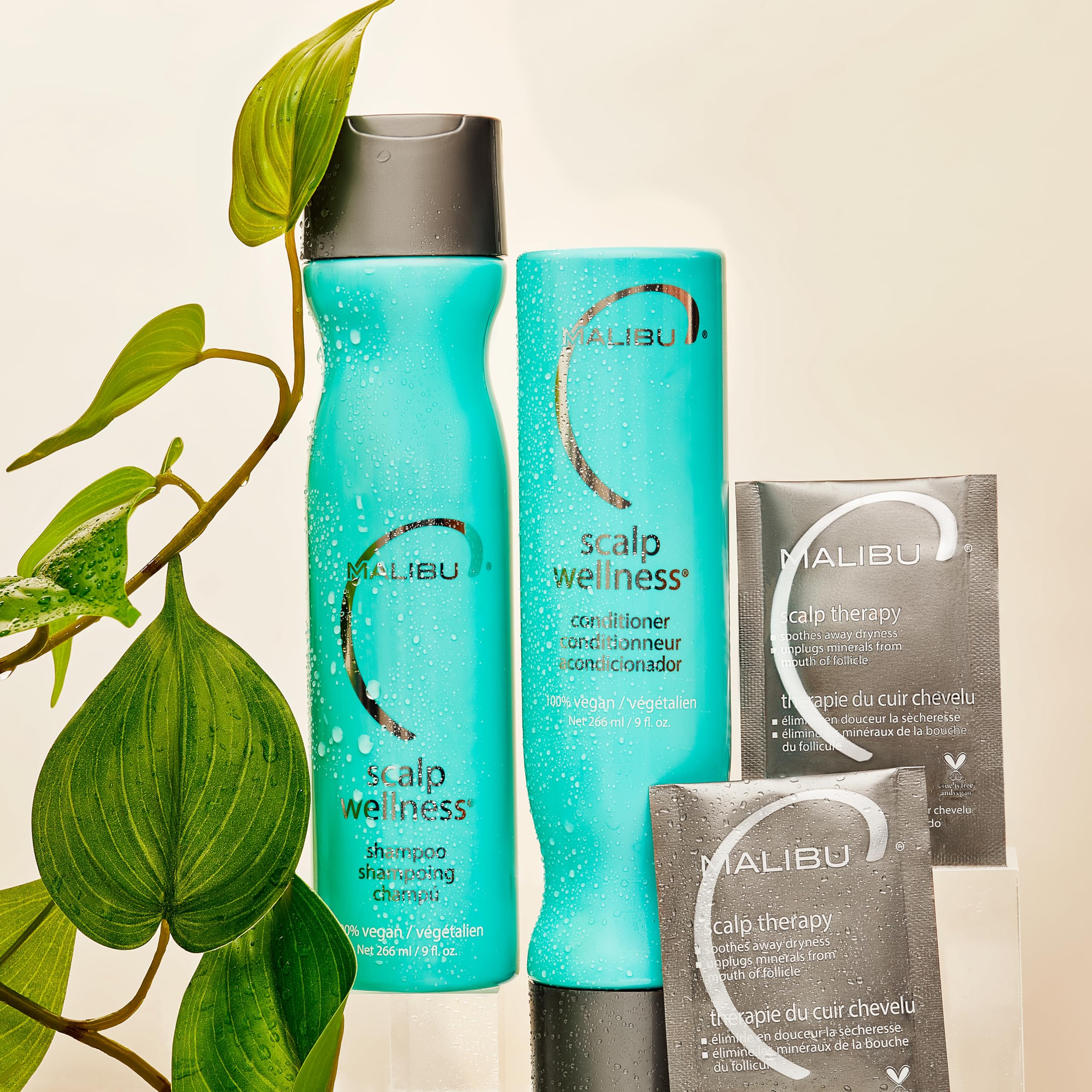 Malibu C acondicionador wellness para cabello sano, brillo y manejabilidad.