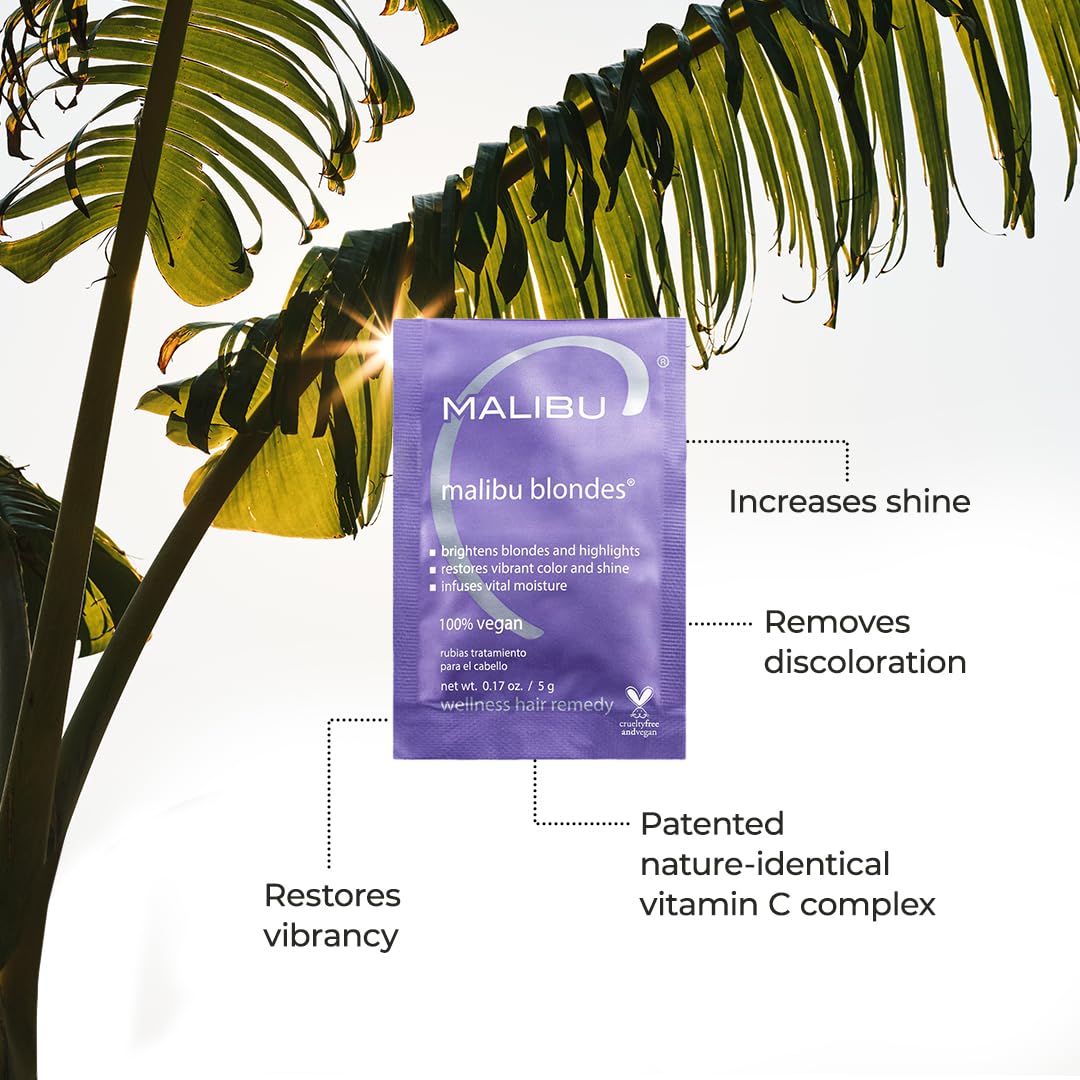 Malibu C Remedio de Bienestar para Rubios: aplicación en cabello húmedo para tono más limpio.
