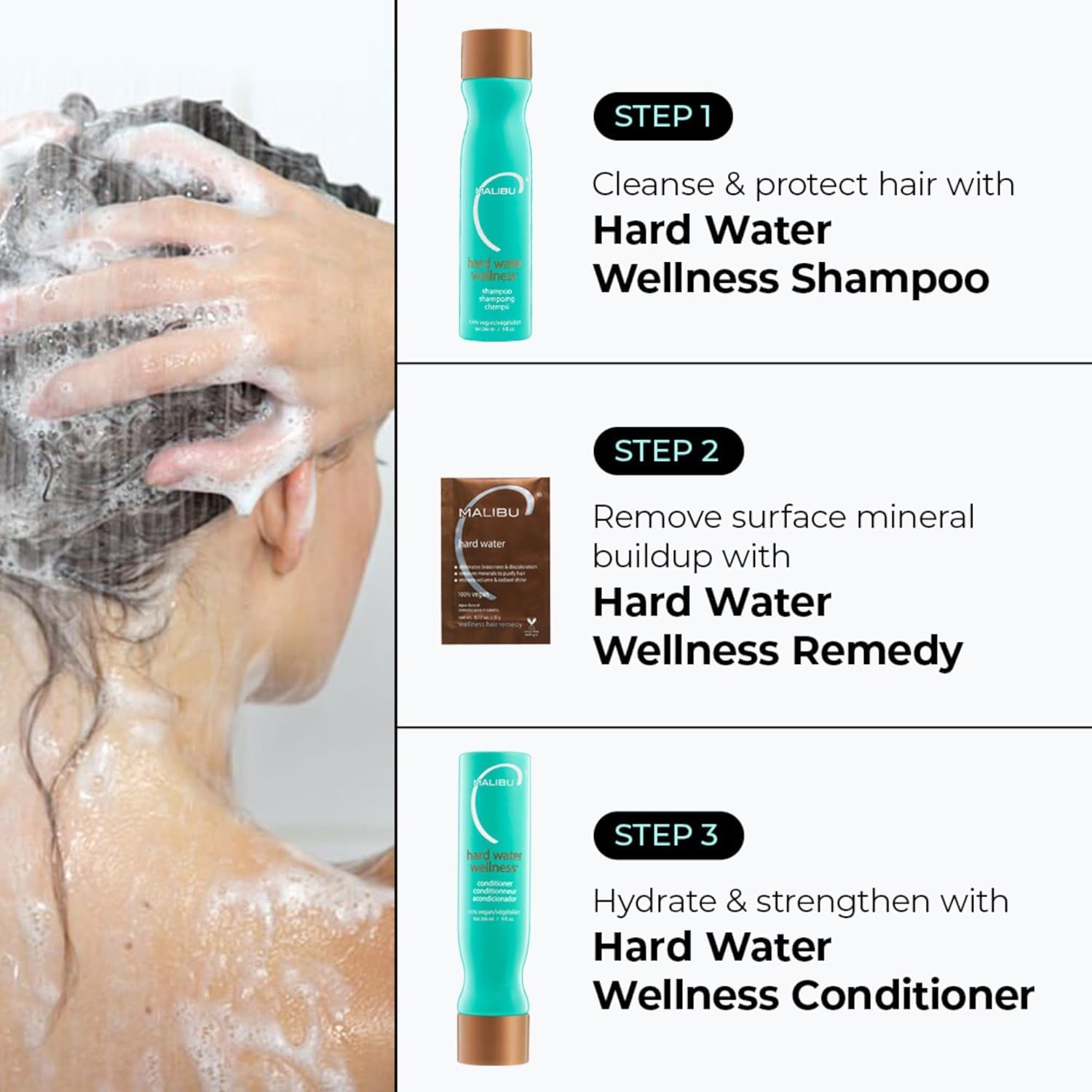 Malibu C Champú Agua Dura, aplicación en cabello mojado, ideal para detox de acumulaciones.