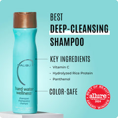 Malibu C Champú Agua Dura, ingrediente Provitamina B5, ayuda a suavizar y fortalecer.