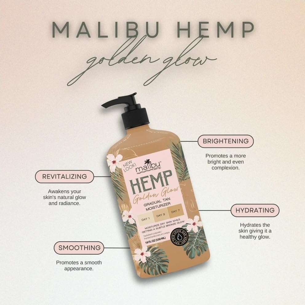 Malibu Tan Canamo Brillo Dorado Locion: ingredientes de canamo para cuidado de la piel
