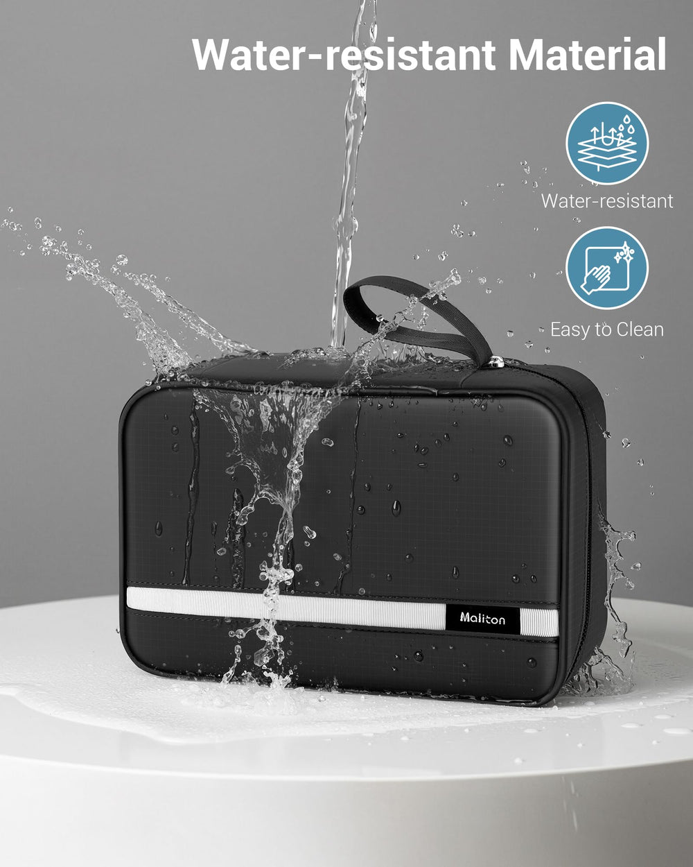 Maliton neceser con divisiones ventiladas y bolsillos transparentes.