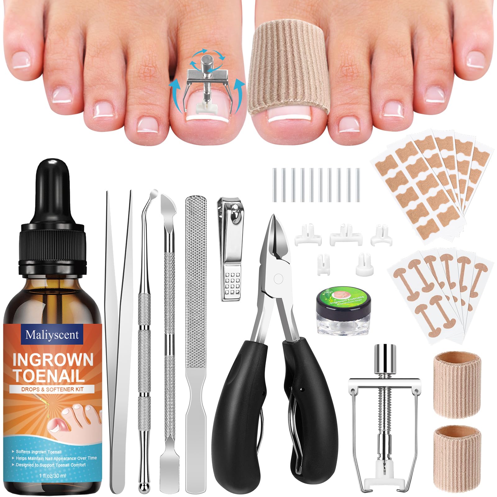 Kit Maliyscent con gotas correctoras para uñas encarnadas, uso suave y seguro.