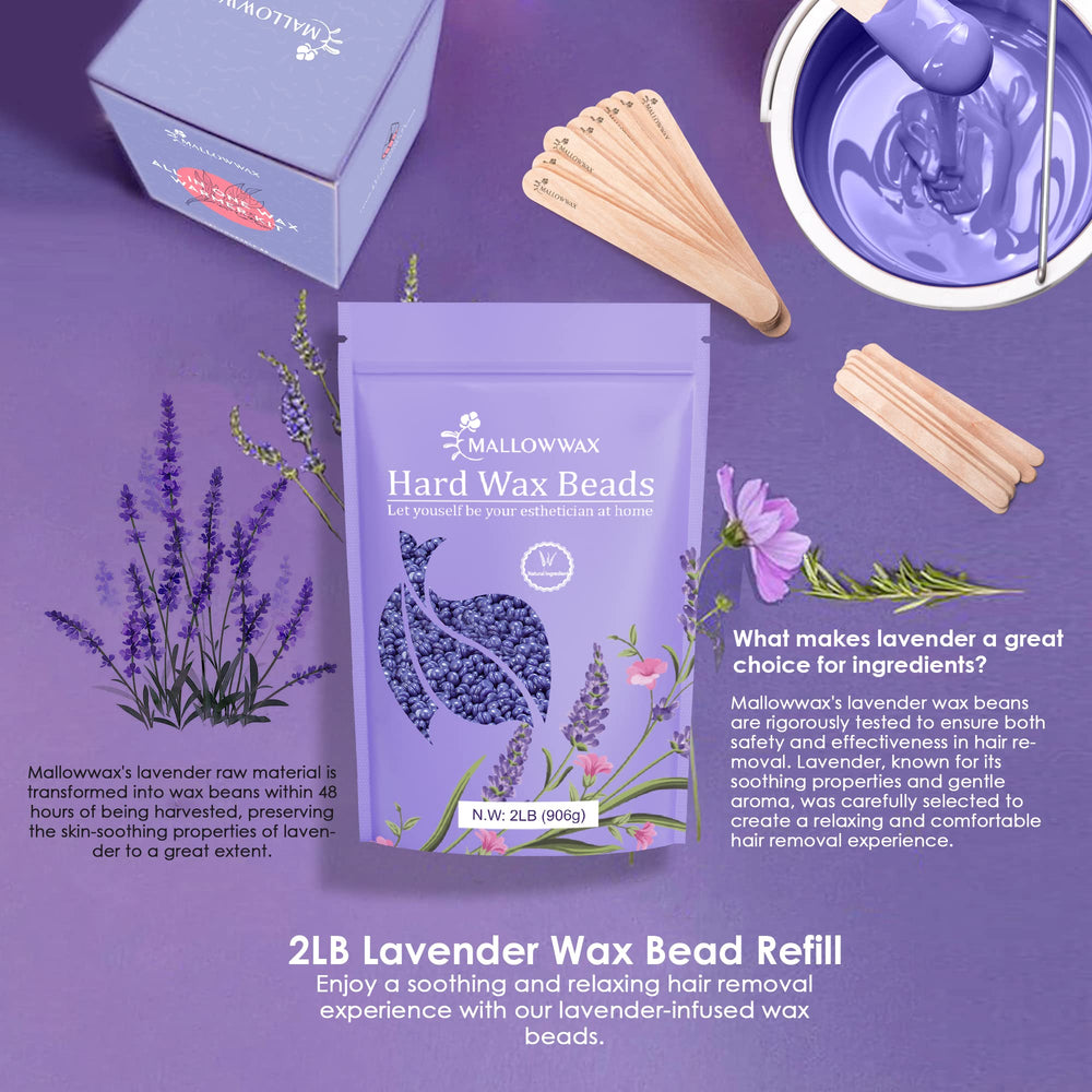 Mallowwax lavender wax beads ideal for bikini-area use with gentle results.