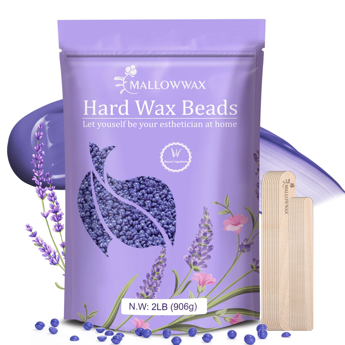 Mallowwax lavender wax beads pack for at-home hair removal with a gentle, skin-friendly formula.