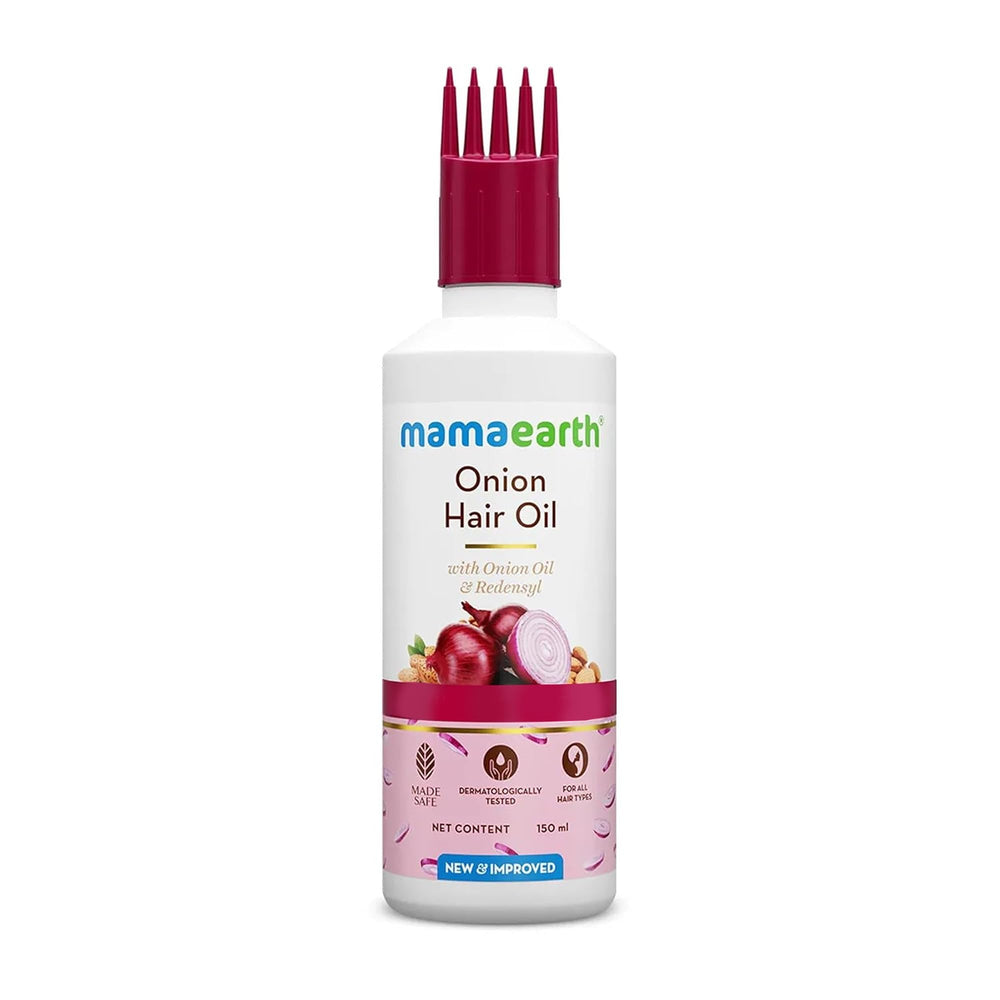 Mamaearth Aceite de Cebolla en botella, ideal para rutina capilar diaria.