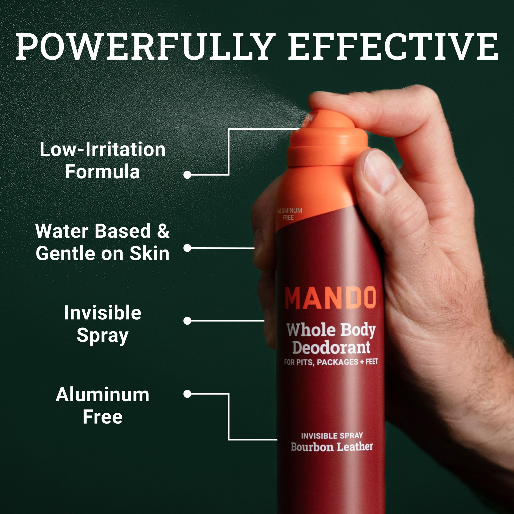 Aplicación con spray desodorante invisible de Mando para zonas difíciles.