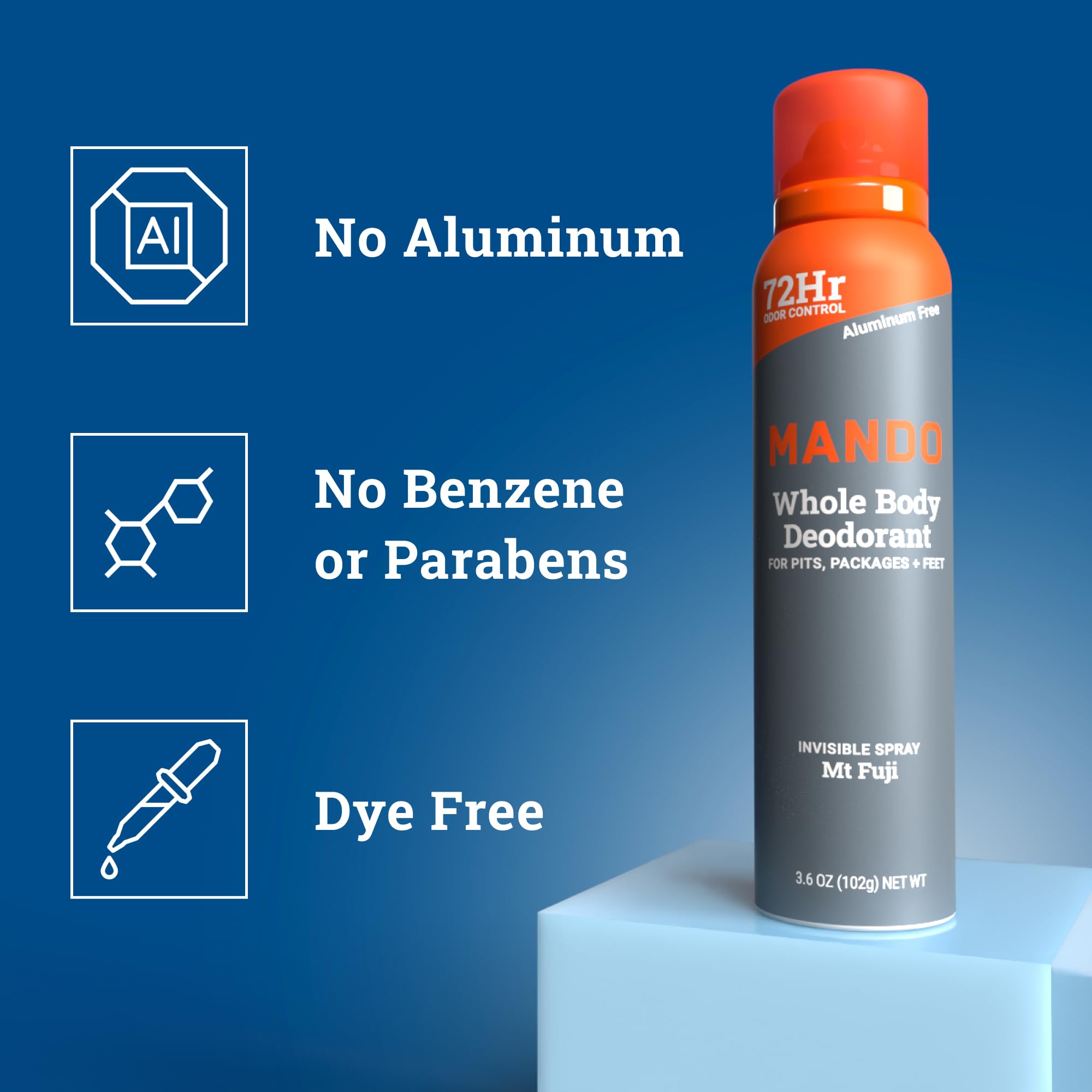Mando Déodorant Invisible – design ergonomique, pulvérisation facile et précise.
