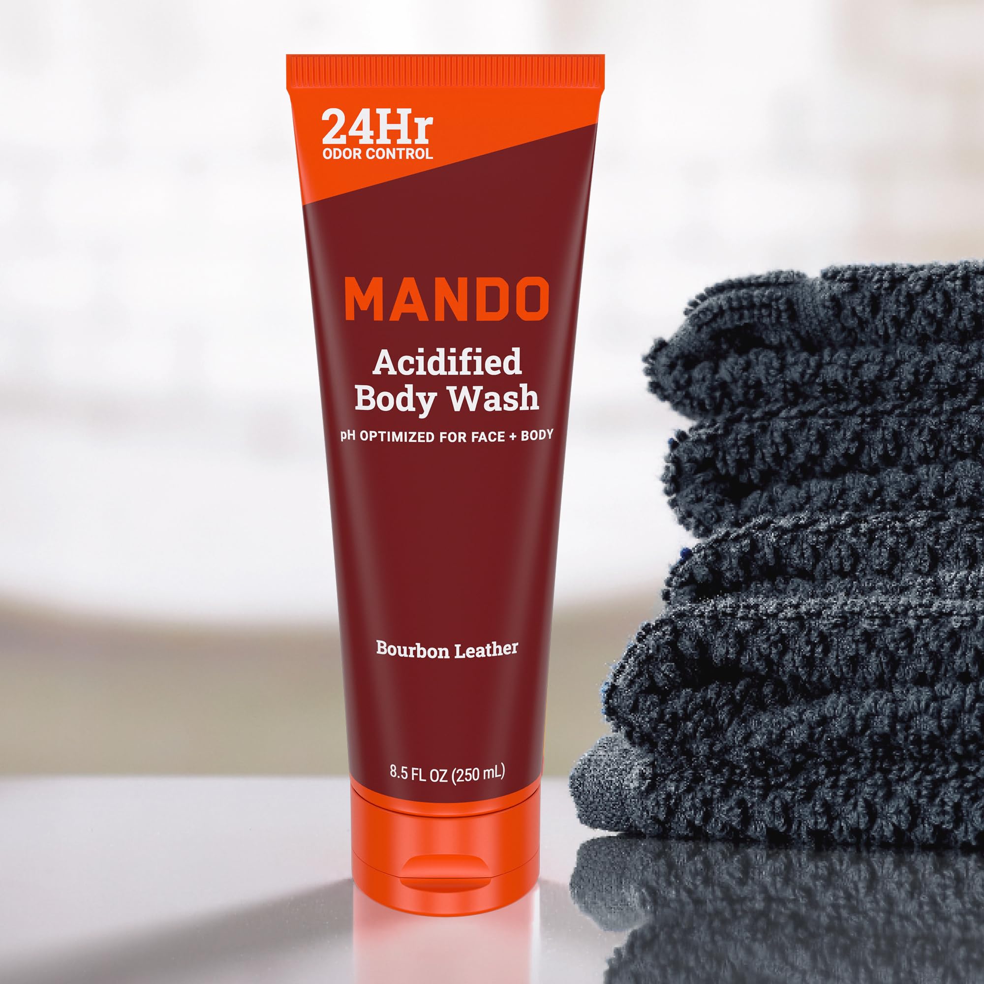 Mando Odor Shield: etiqueta frontal destacando aroma Bourbon Leather y beneficios.