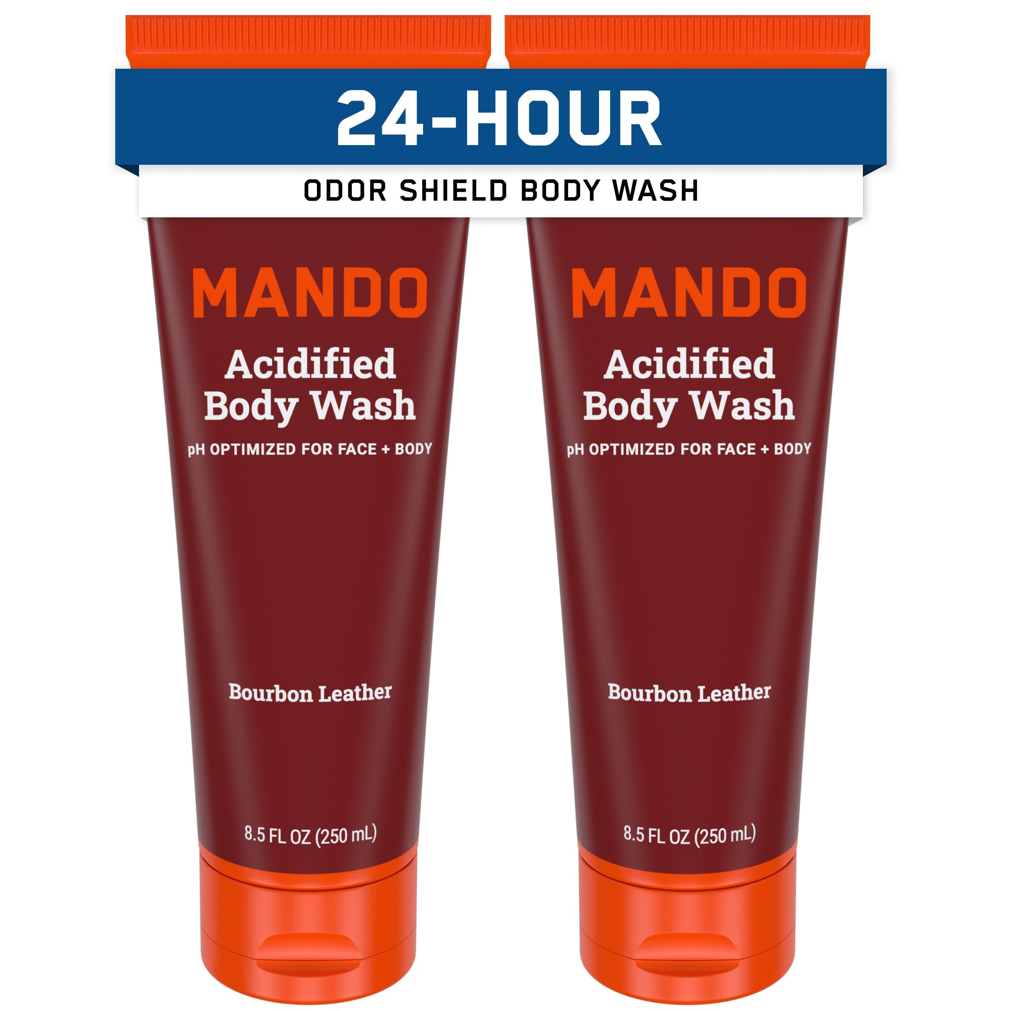 Mando Odor Shield: botella de jabón corporal Bourbon Leather para control de olor prolongado.