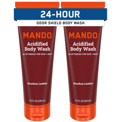Mando Odor Shield: botella de jabón corporal Bourbon Leather para control de olor prolongado.
