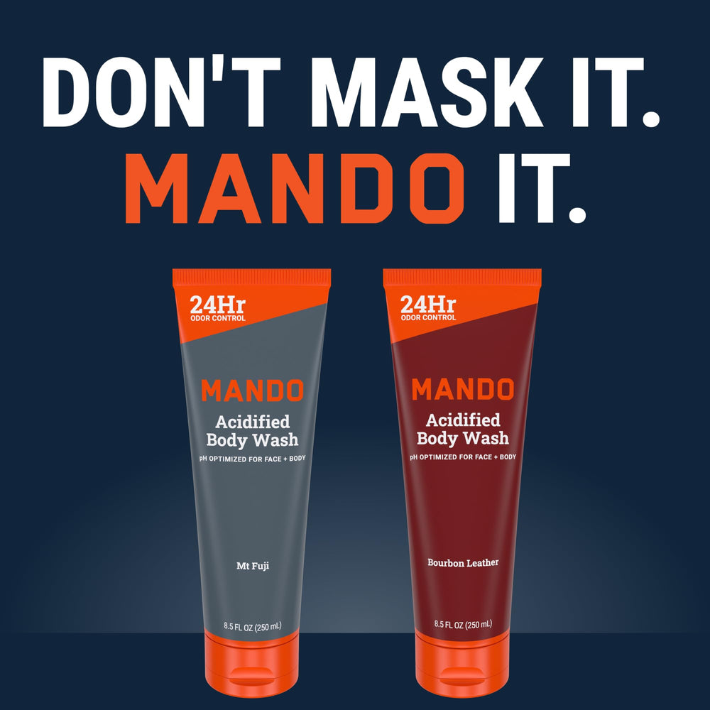 Mando Gel Lavant Acidifié – plan rapproché sur la bouteille, design moderne.