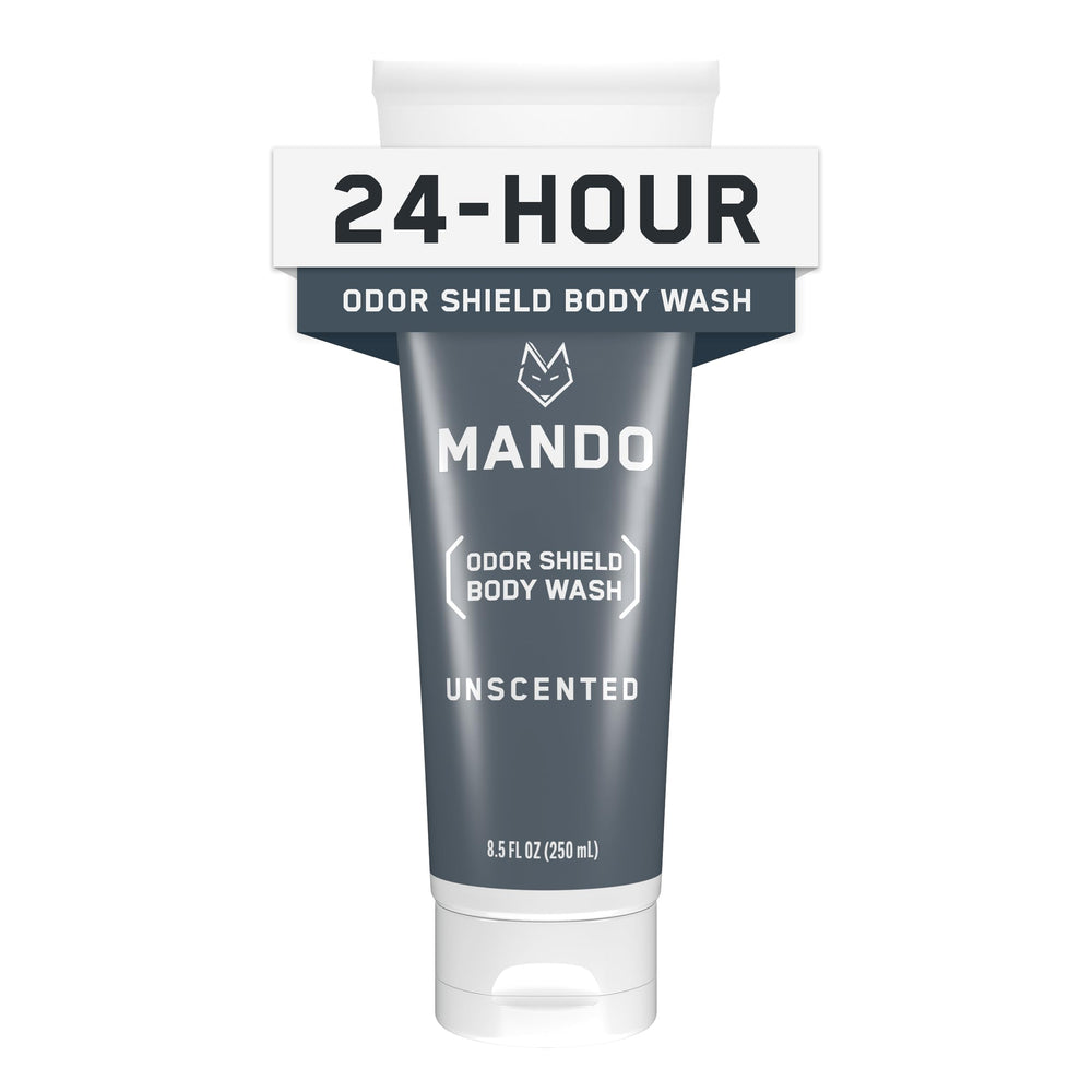 Mando Odor Shield Body Wash - botella fácil de usar para lavado diario y limpieza eficaz.