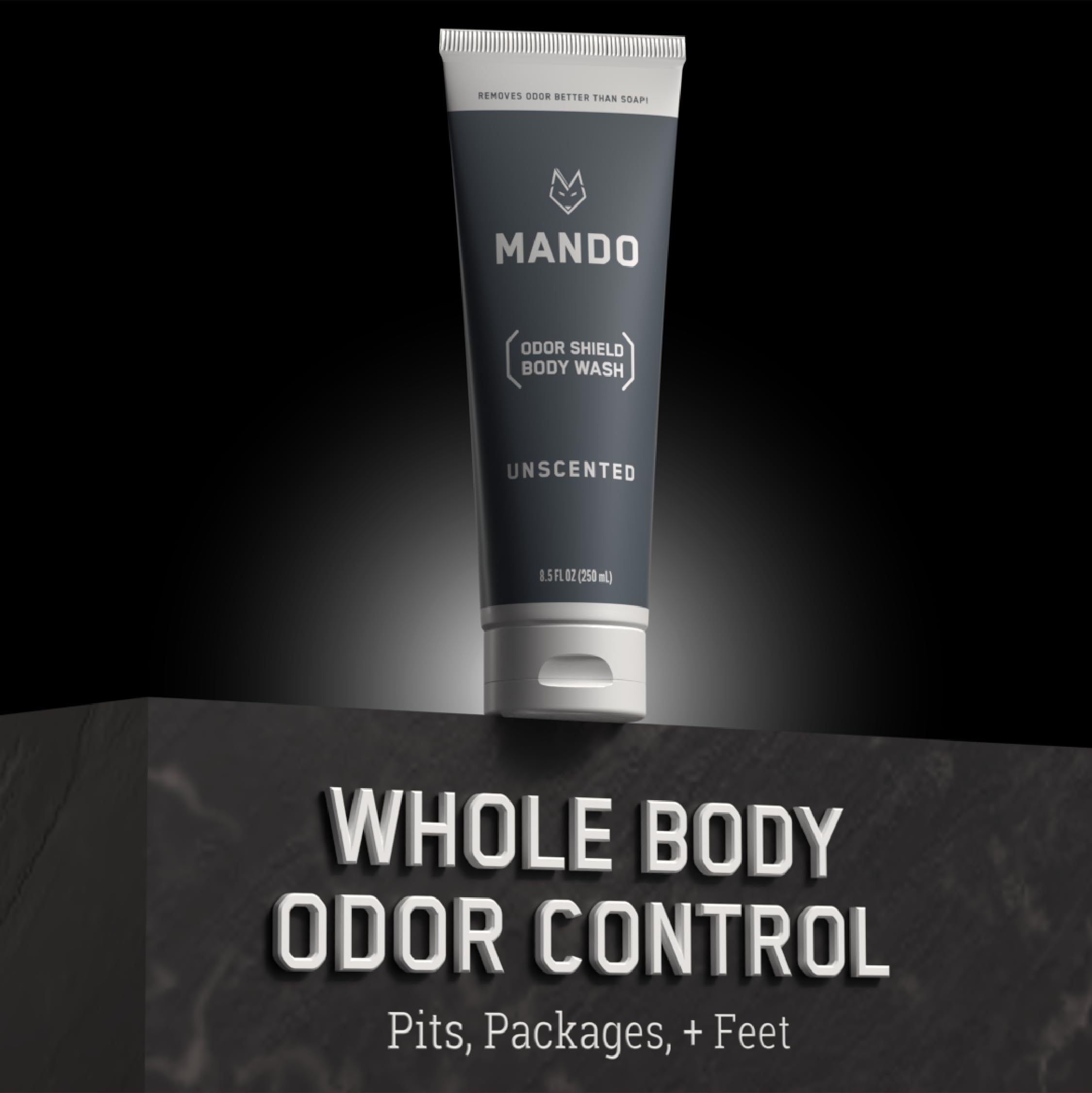 Mando Odor Shield Body Wash - etiqueta sin SLS/SLES y parabenos para piel sensible.