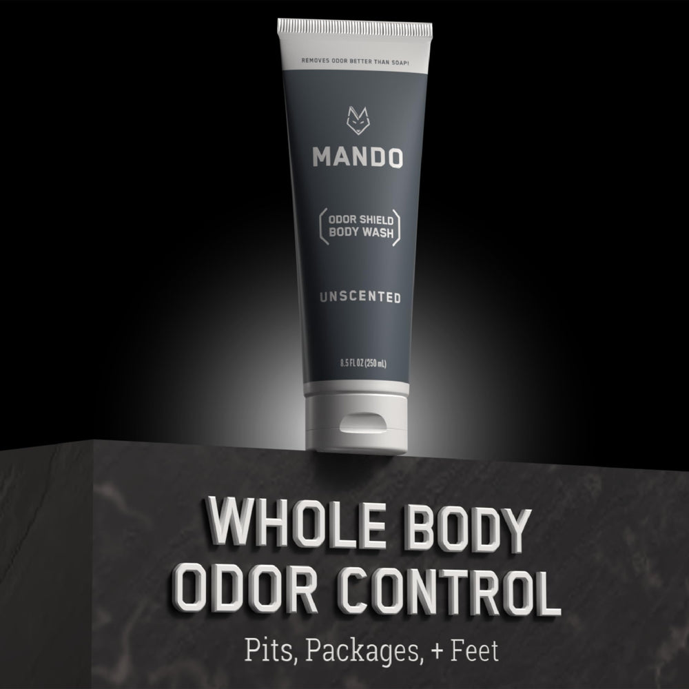 Mando Odor Shield Body Wash - etiqueta sin SLS/SLES y parabenos para piel sensible.