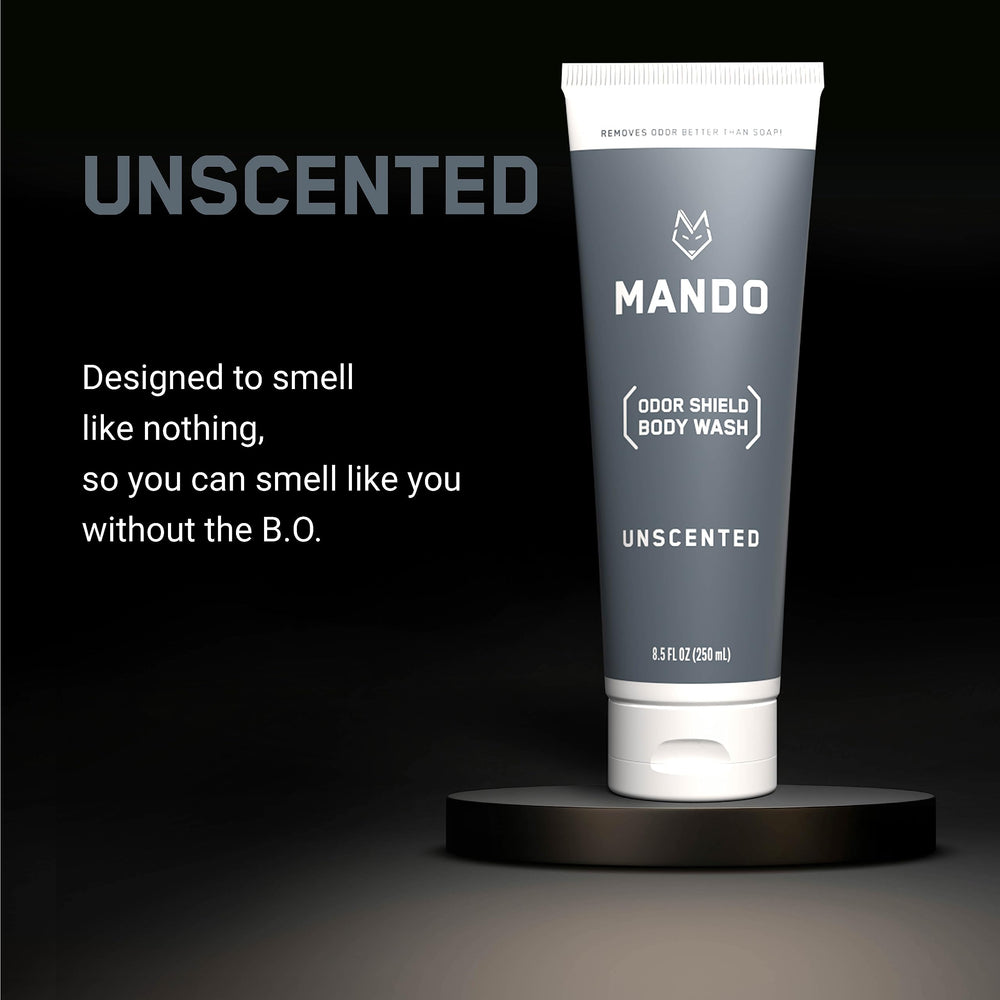 Mando Odor Shield Body Wash - enfoque en piel segura para áreas propensas al olor.