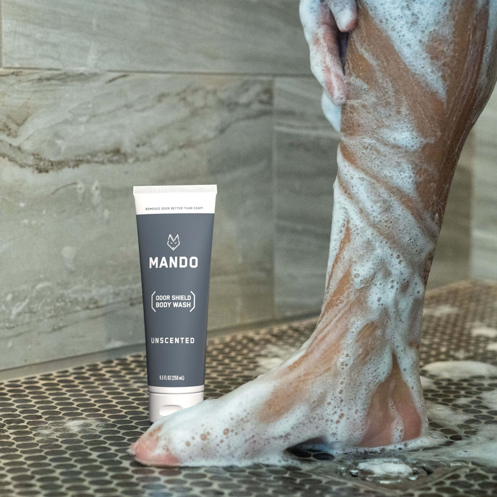 Mando Odor Shield Body Wash - uso en todo el cuerpo con seguridad para pieles sensibles.