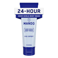 Mando Odor Shield bottle pour highlights quick, fresh cleansing for active days