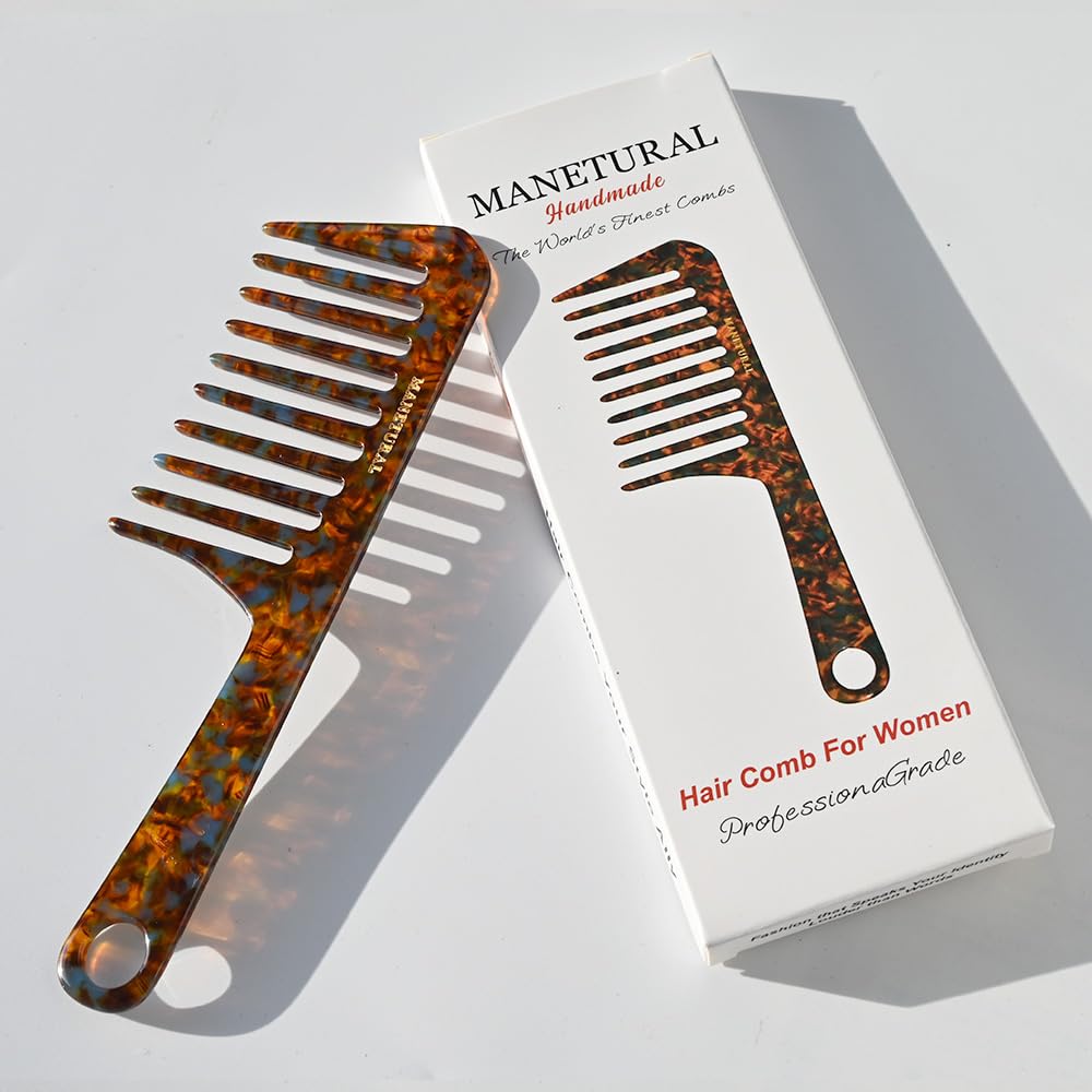 MANETURAL D1 en acetato tortuga, primer plano de dientes anchos para desenredar suavemente.