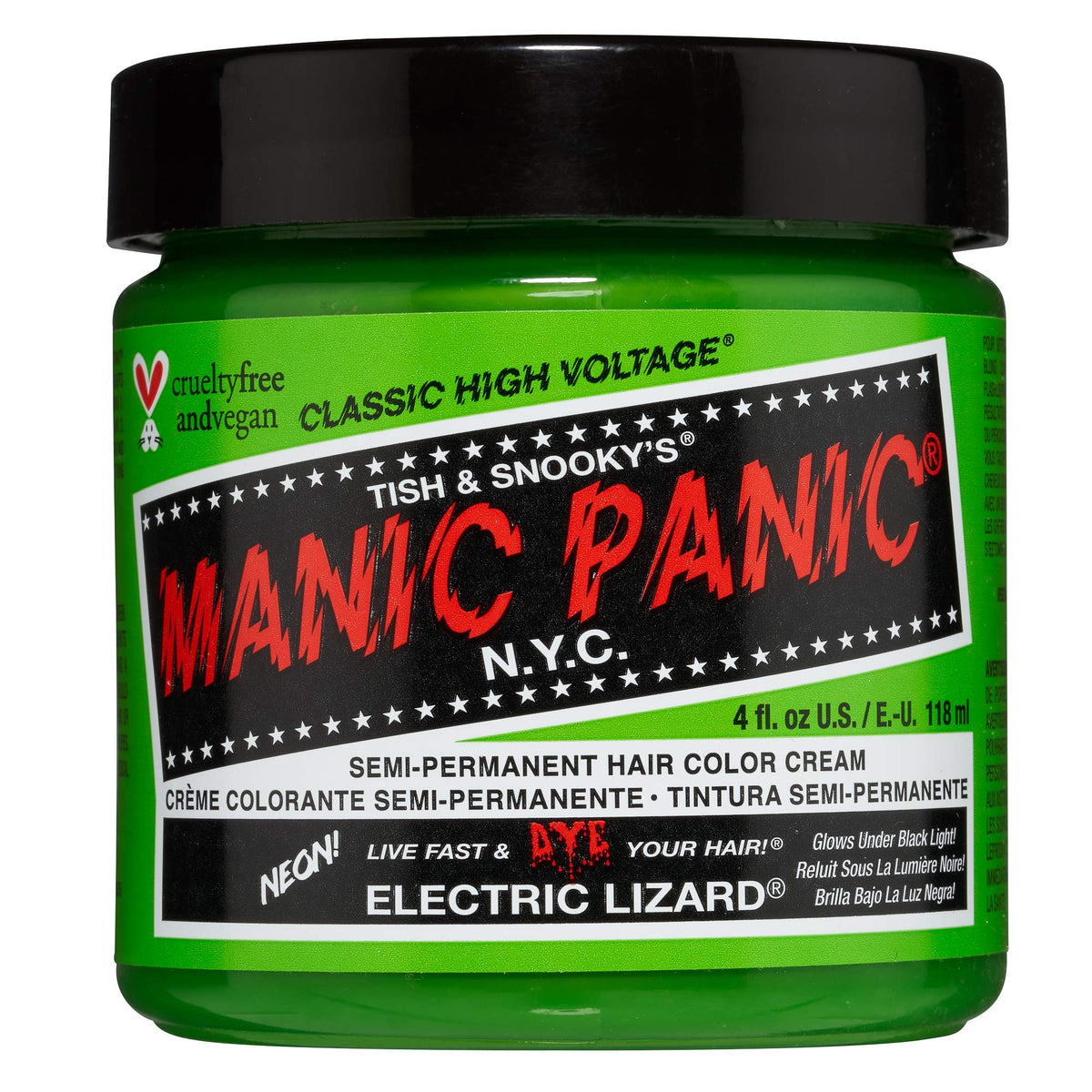 La marca MANIC PANIC Lagarto Eléctrico, envase del tinte para aplicación limpia y precisa.