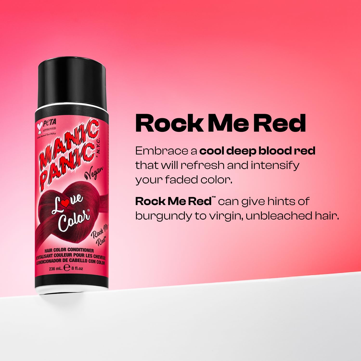 MANIC PANIC Rock Me Red, botella-8oz-detras: fórmula nutritiva para cabello suave.