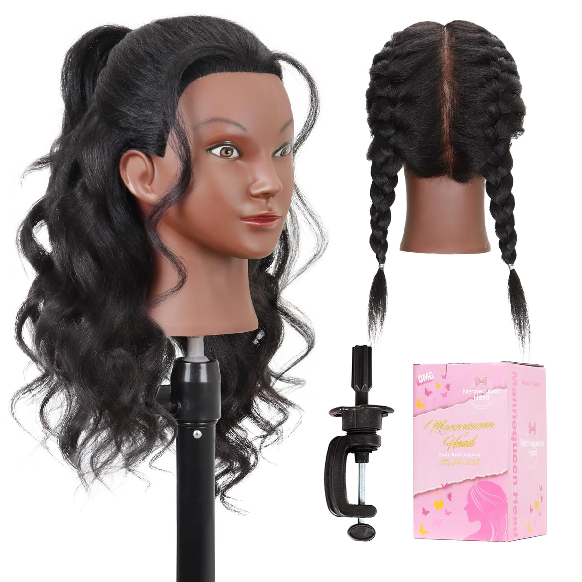 MannequeenHead cabeza con cabello humano real de 16 pulgadas para practicar peinados