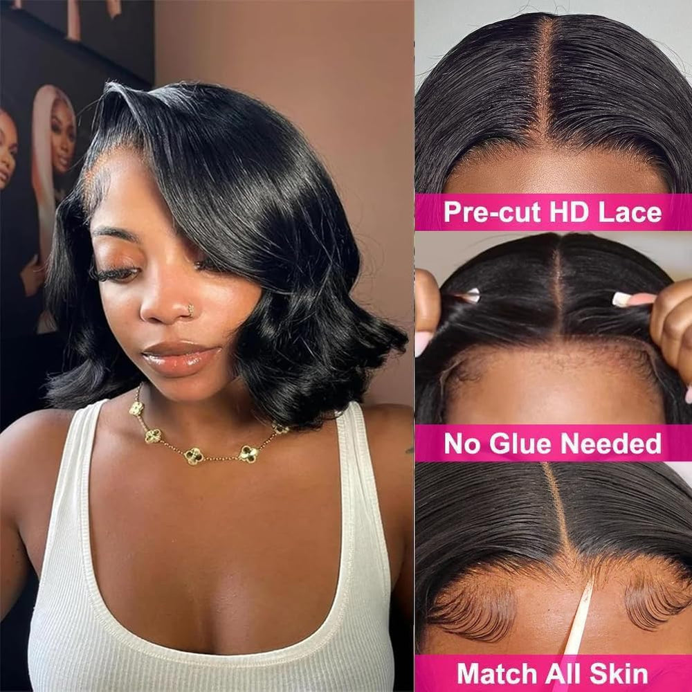 Peluca bob sin pegamento con frente 4x4 de Manorshen, lista para usar.