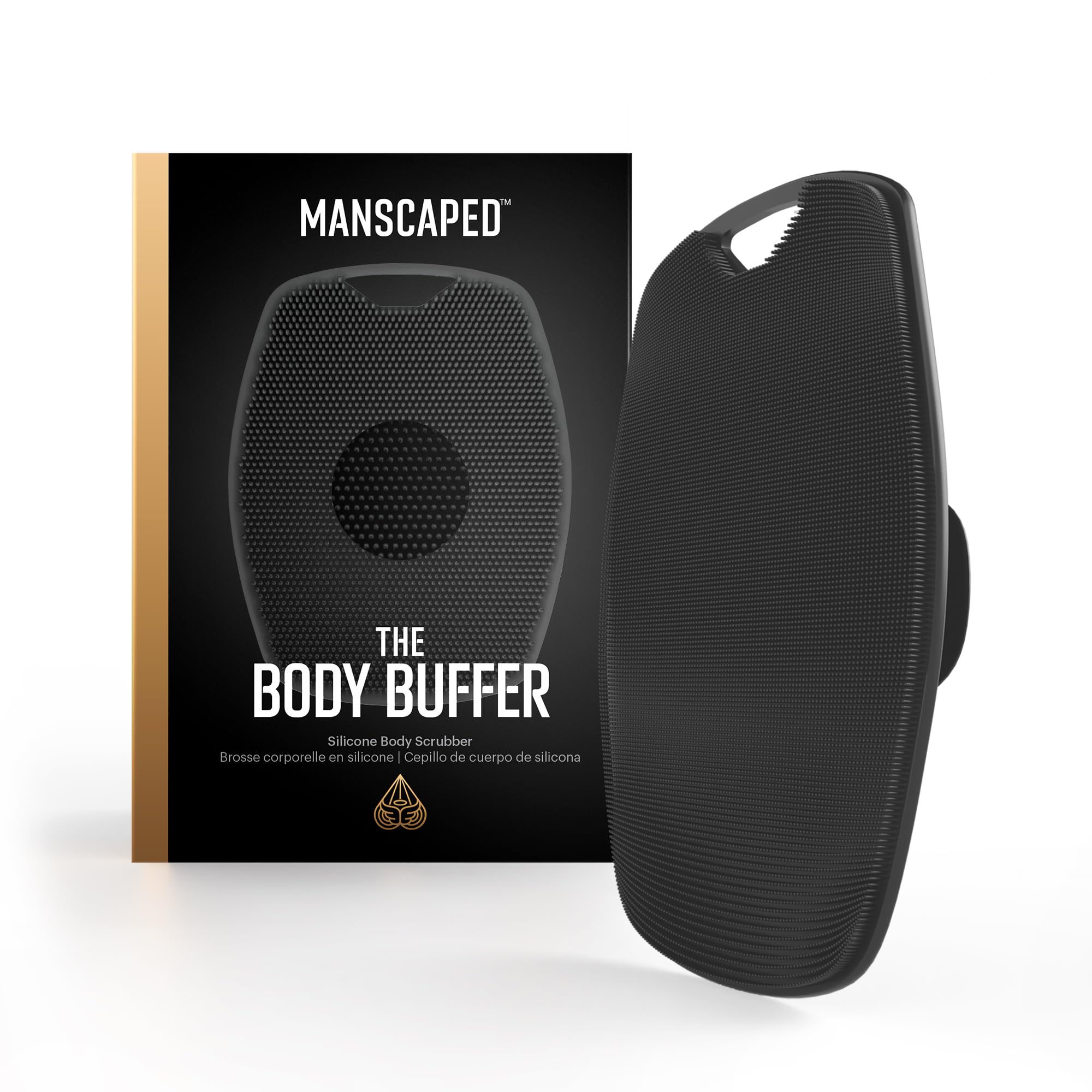 MANSCAPED Body Buffer con fibras de silicona para limpieza suave y duradera.