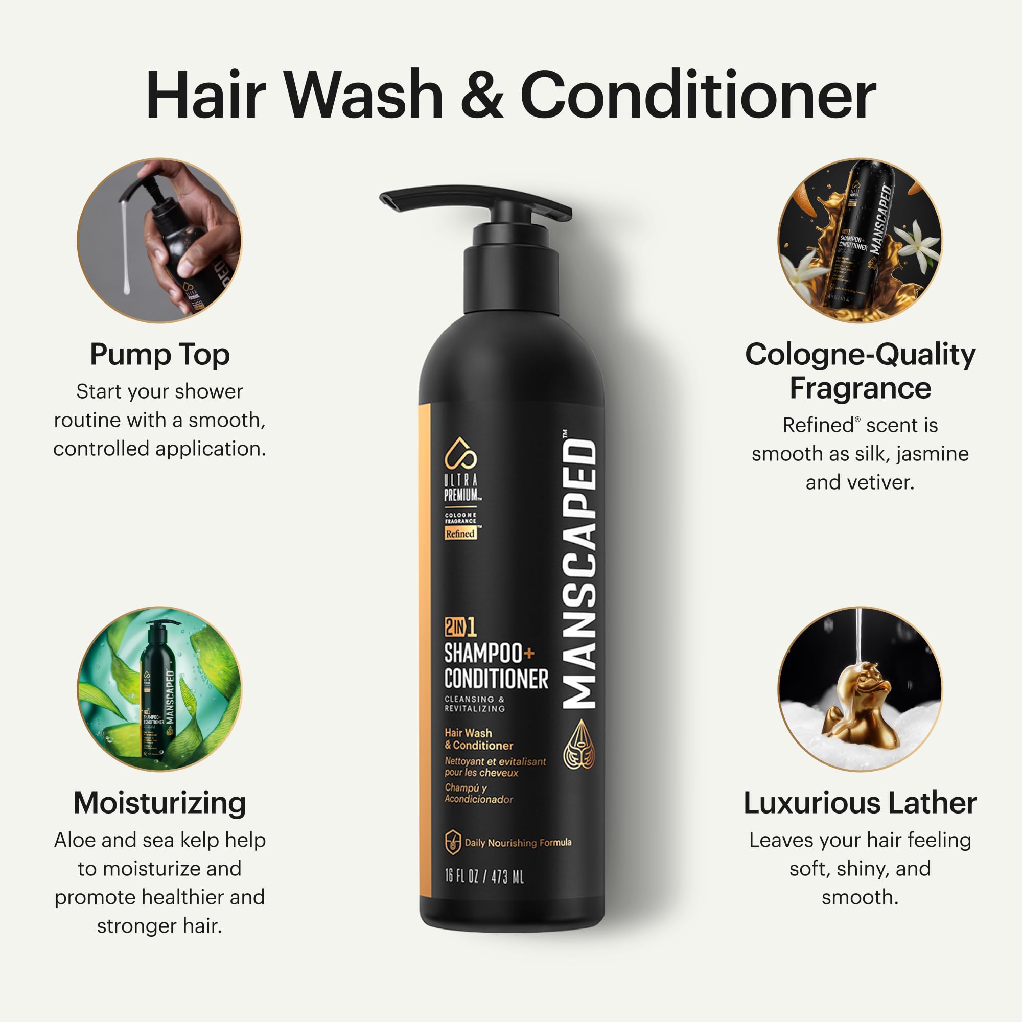 MANSCAPED ingredientes clave, alga marina y coco para brillo suave.