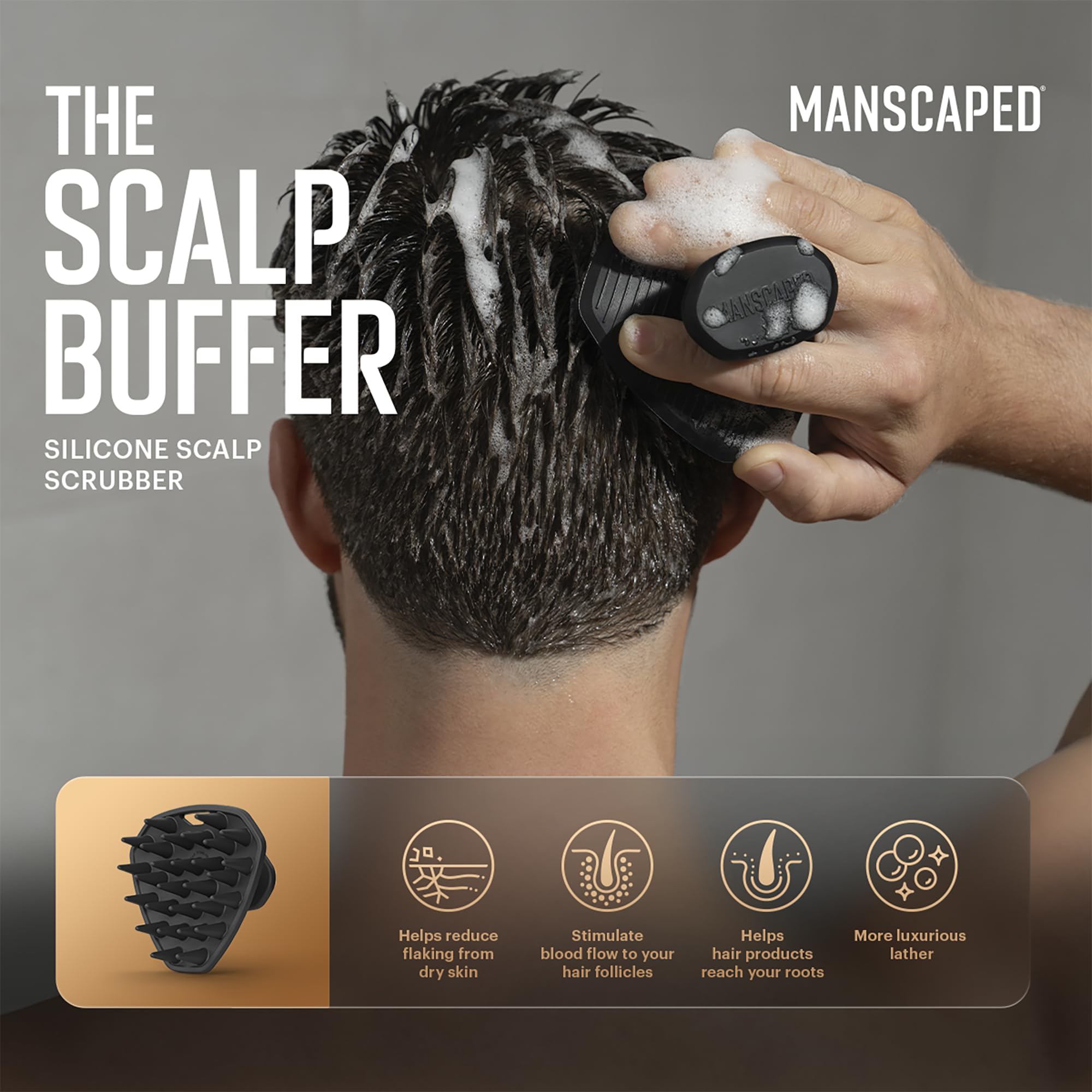 MANSCAPED Scalp Buffer diseño ergonómico para un agarre cómodo durante la limpieza.